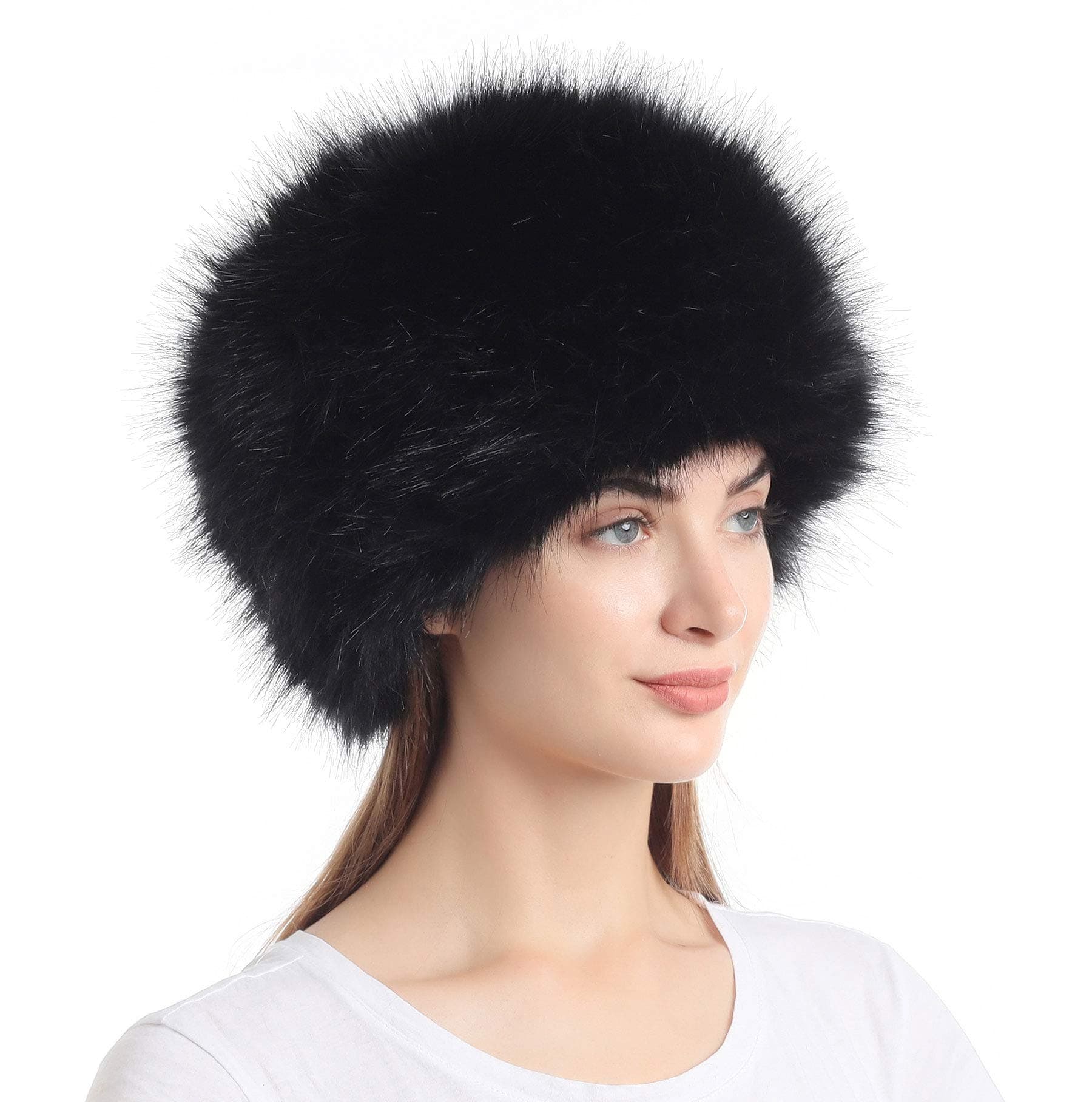 Women's Faux Fur Hat for Winter with Stretch Cossack Russian Style White Warm Cap