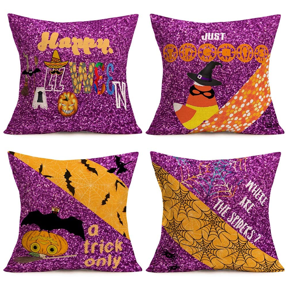 FukeenSet of 4 Fall Halloween Pumpkin Decorations Throw Pillow Covers Witch Spider Web Evil Bat Trick or Treats Pillow Cases Cotton Linen 18x18 Inch Happy Farmhouse Outdoor Decor Cushion Cover Purple
