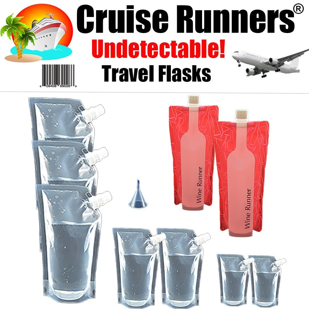 CRUISE RUNNERS Brand Cruise Ship Flask Kit 10pc. Sneak Alcohol Rum Runner Liquor Sneak Smuggle Booze Plastic Pouch Bags (3x32 oz.+ 2x16oz + 2 8oz, Travel Funnel + 2 Wine Bottle Flask 750ml) Plastic