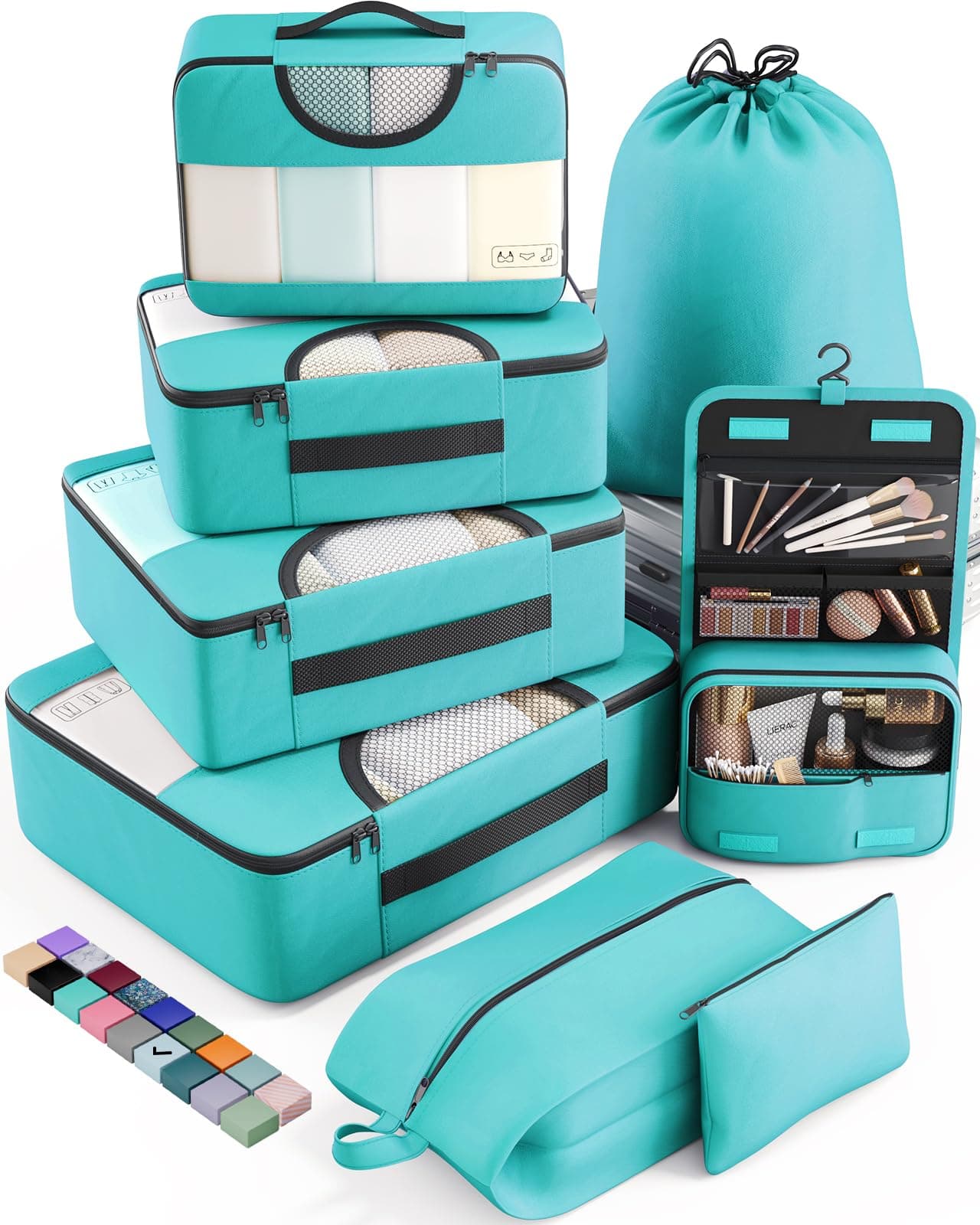 Veken (ヴェケン) パッキングキューブ 8個セット 子供&幼児用 飛行機旅行の必需品 ビーチバケーション&ロードトリップスーツケースオーガナイザーバッグセット 荷物用 吊り下げ式トイレタリー&シューズバッグ付き