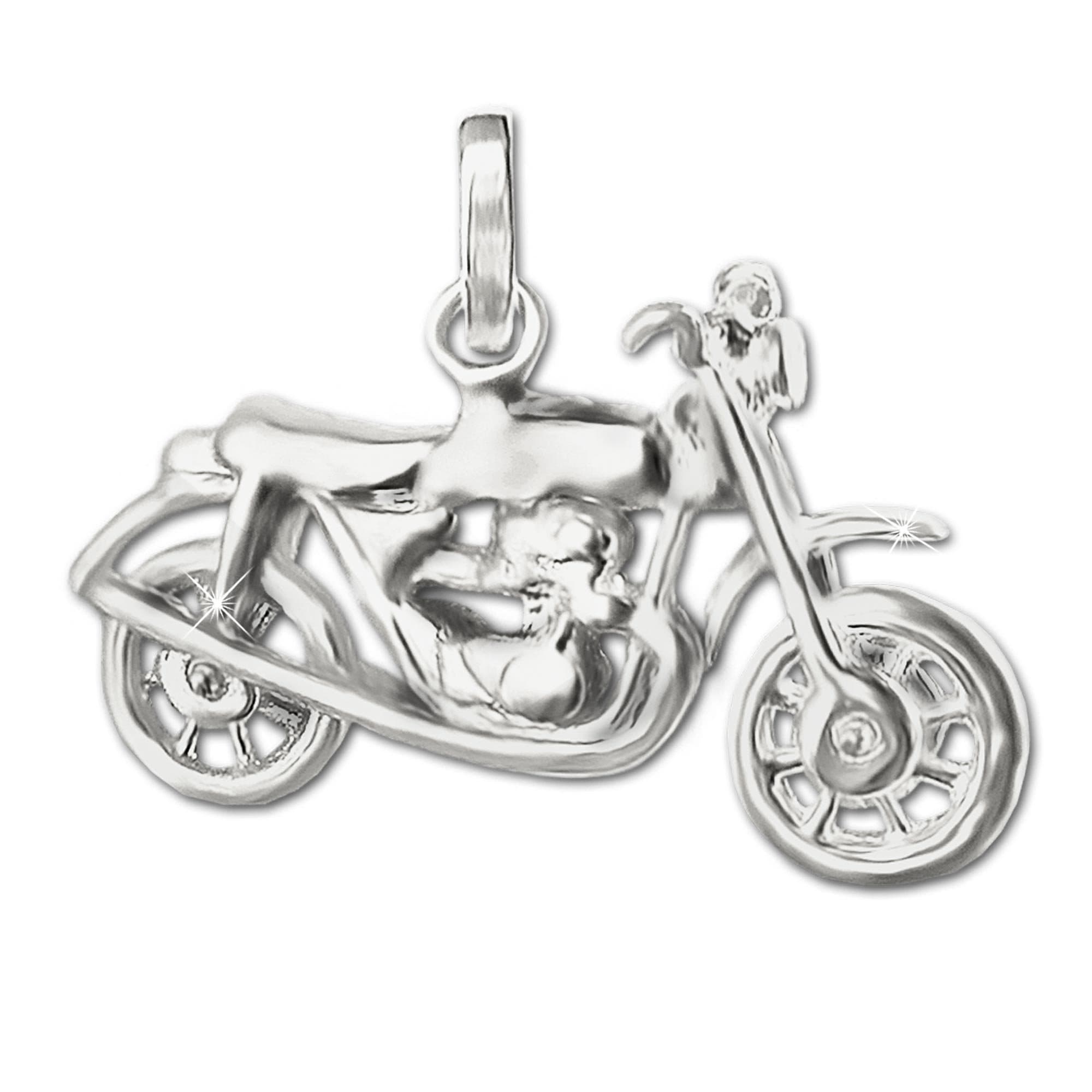 Clever Schmuck silver pendant 3D oldtimer motorbike 24 x 14 mm, glossy with movable front wheel of sterling silver in a case