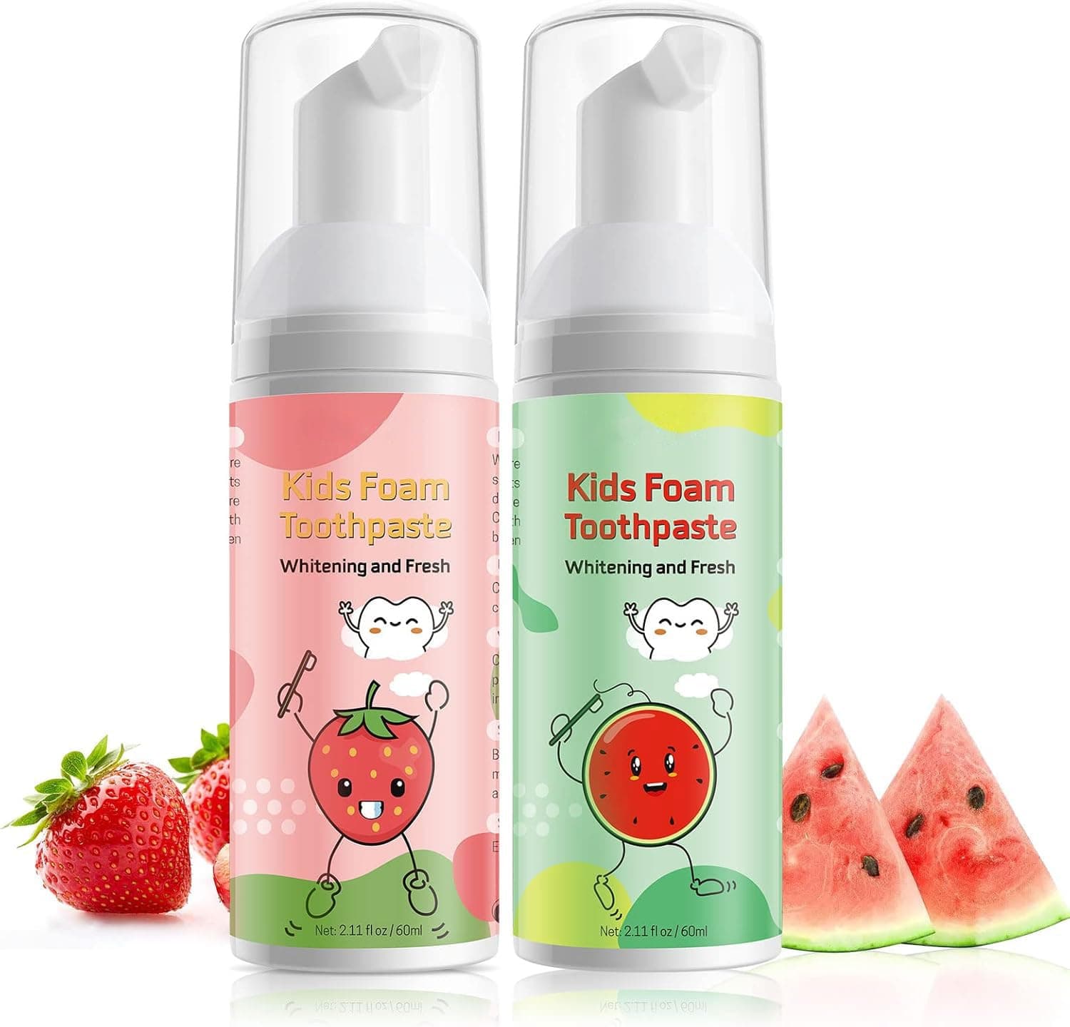 Whitening Foam Toothpaste Kids with Low Fluoride & Natural Formula to Reduce Plaque, Children Foaming Toothpaste for U Shaped & Electric Toothbrush (Strawberry & Watermelon)