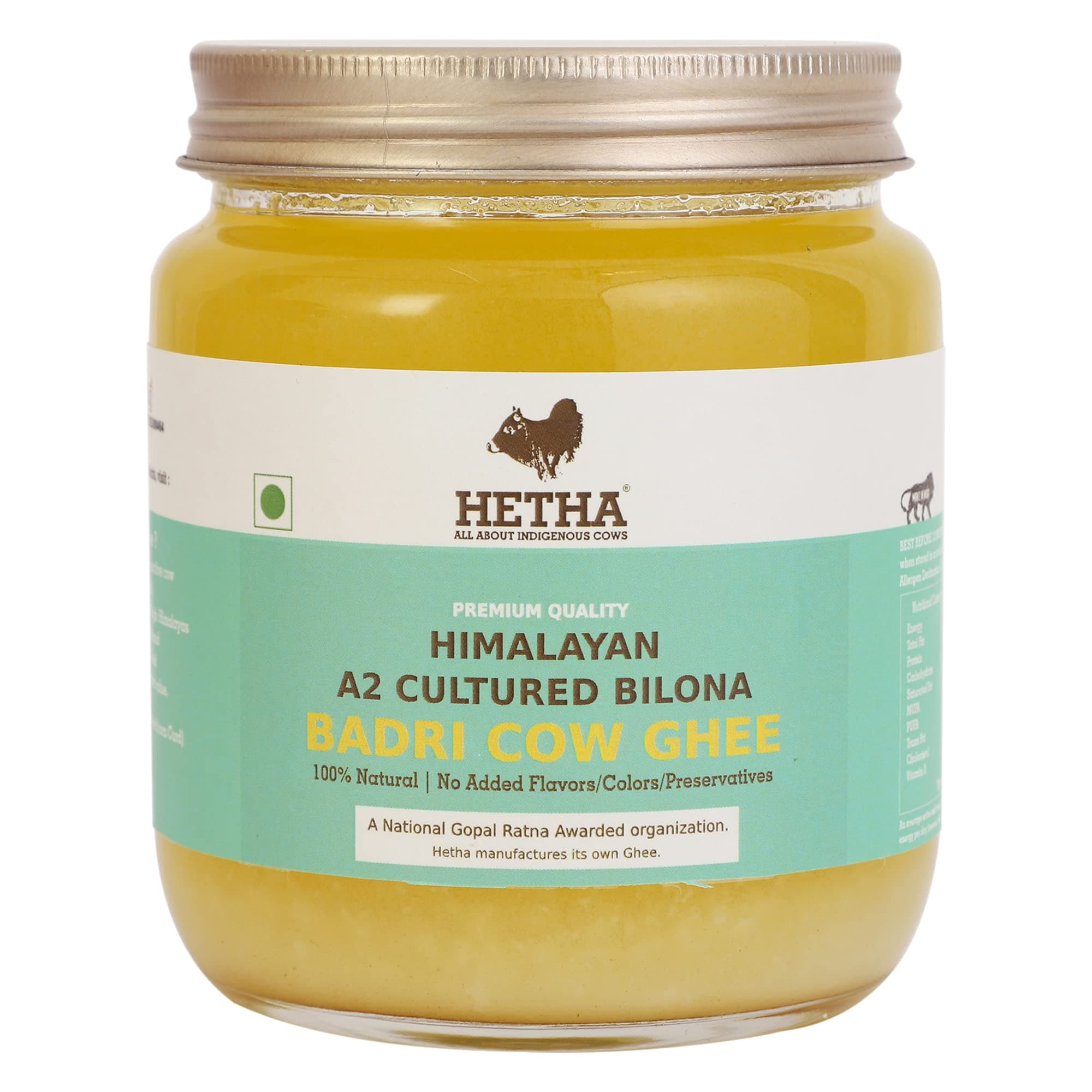 Hetha Organics Himalayan Pahadi/Badri Desi Cow Bilona A2 Cultured Ghee Made In Brass Utensil (Peetal Kadhai) Single Origin – 500ml