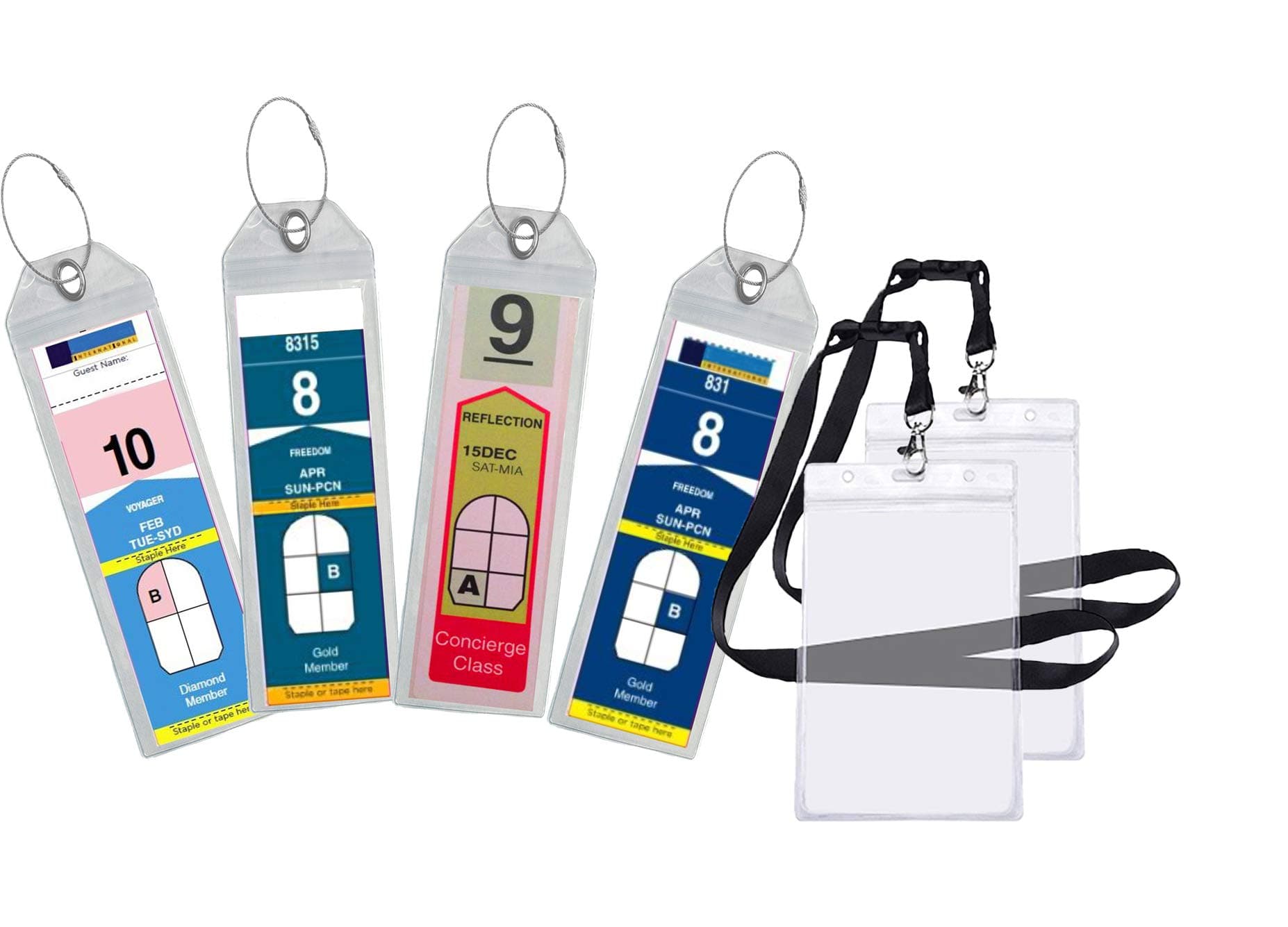 Highwind Cruise Lanyard for Ship Cards and Luggage Tag ID Holders - Waterproof Clear Luggage Tags with Zip Seal and Steel Loops - 4 Pack with 2 ID Holders - Royal Caribbean and Celebrity Cruises