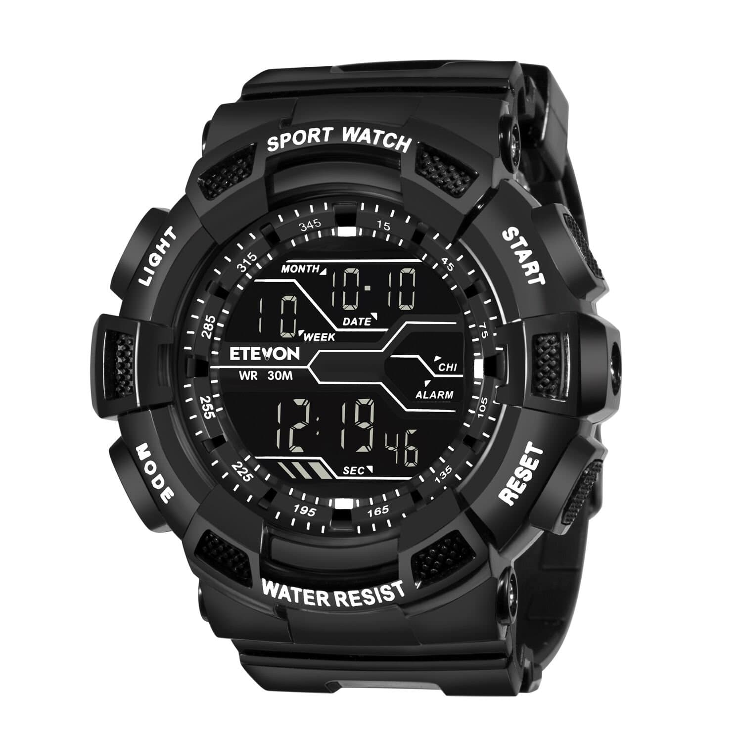 ETEVON Men's Large Dial Sport Digital Watch Military Multifunction - EL Backlight - 30M Waterproof - Hourly Chime - Split Time Electronic with Stopwatch Alarm Wrist Watches for Men - Polished Black