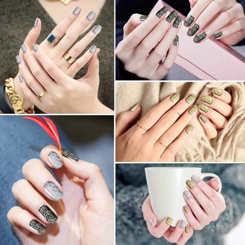 Glitter Gel Nail Polish 3er Set, Soak Off UV LED Light Gel Nail Polish Kit, Black Gold & Silver Colors Nail Art Colors Shine Finish and Long Lasting