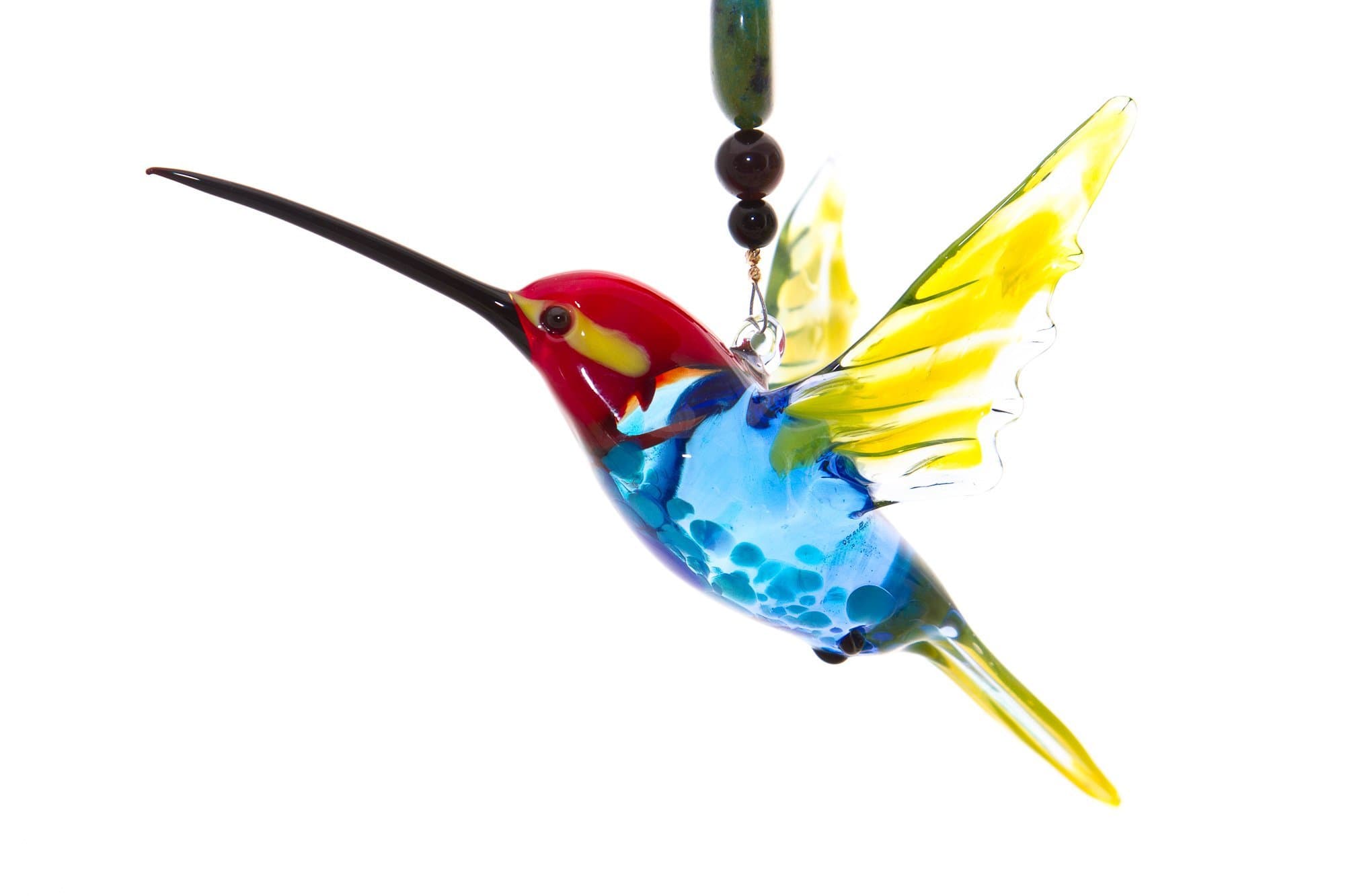 8" Hanging Collectible Murano Glass Red Headed Hummingbird Ornament with Turquoise and Tiger Eye Beading - Great Christmas Gift