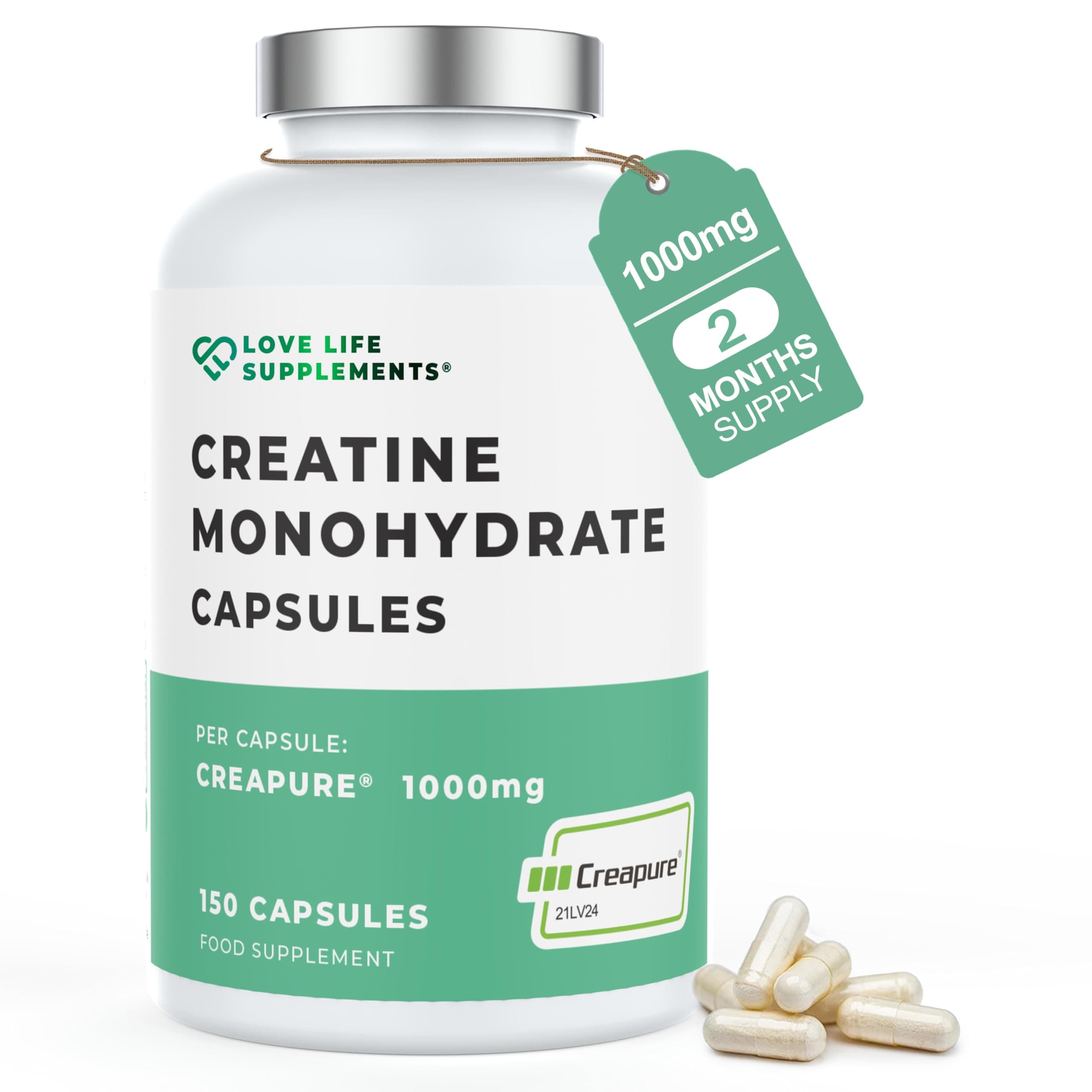 Creapure® Creatine Monohydrate Capsules (1 Gram per Capsule) | 150 Capsules (not Powder or Tablets) | 30-50 Servings | Love Life Supplements - 'Clean, Effective, High Quality'