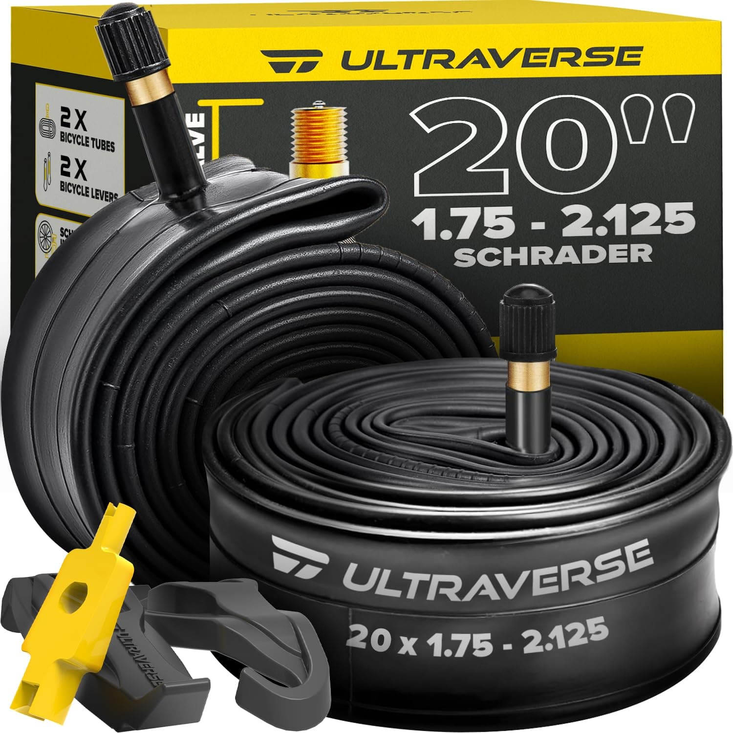Ultraverse 20" Bike Inner Tubes 20 x 1.75, 1.95, 2.00, 2.125, – Butyl Rubber Bicycle Tubes with Schrader Valve – Replacement Tube for Kids, BMX, Cruiser, Mountain & Electric Bikes – Set of 2