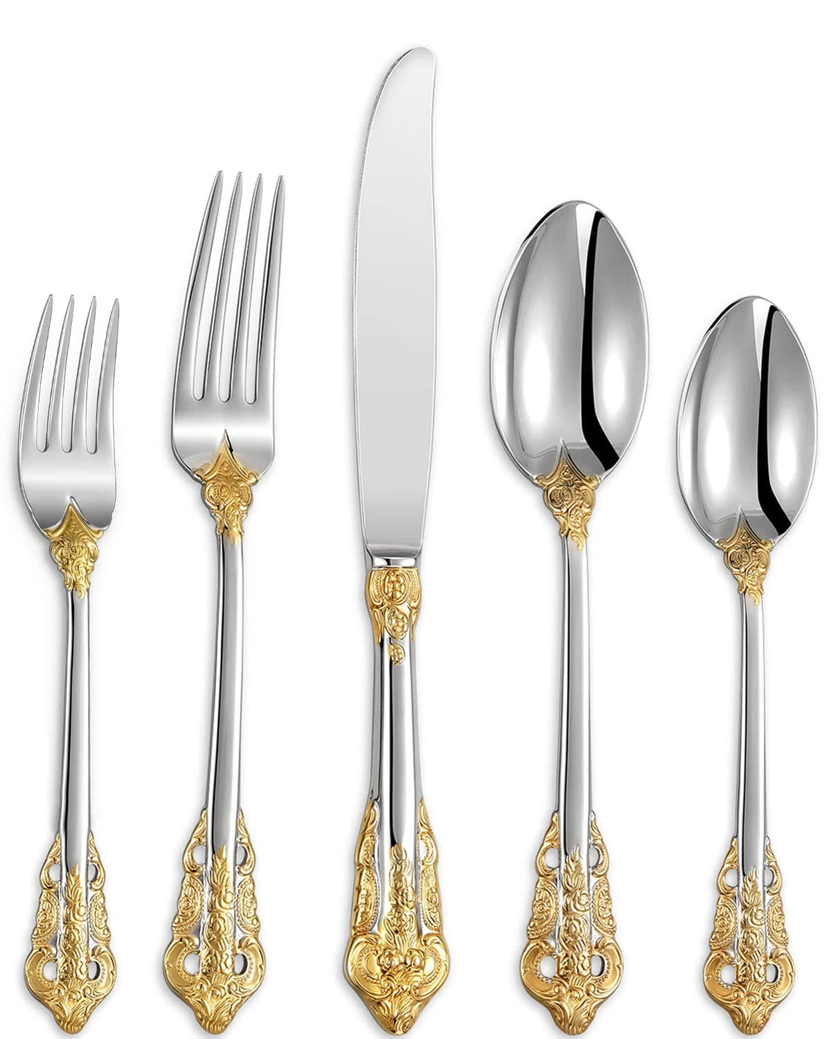 KEAWELL Luxury 20 Pieces 18/10 Stainless Steel Flatware set, Service for 4, silver plated with gold accents, Fine Silverware set and Dishwasher Safe (Gold Accent)