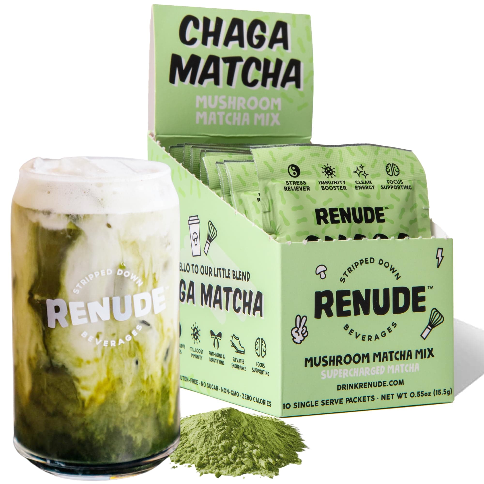 Renude Chaga Matcha Superfood Mushroom Matcha Blend w/Adaptogens | Ceremonial Matcha, Wild-Foraged Chaga, Cacao, Cinnamon, Monk Fruit | Clean Energy & Immune Support | Vegan & Keto (10 Serving)