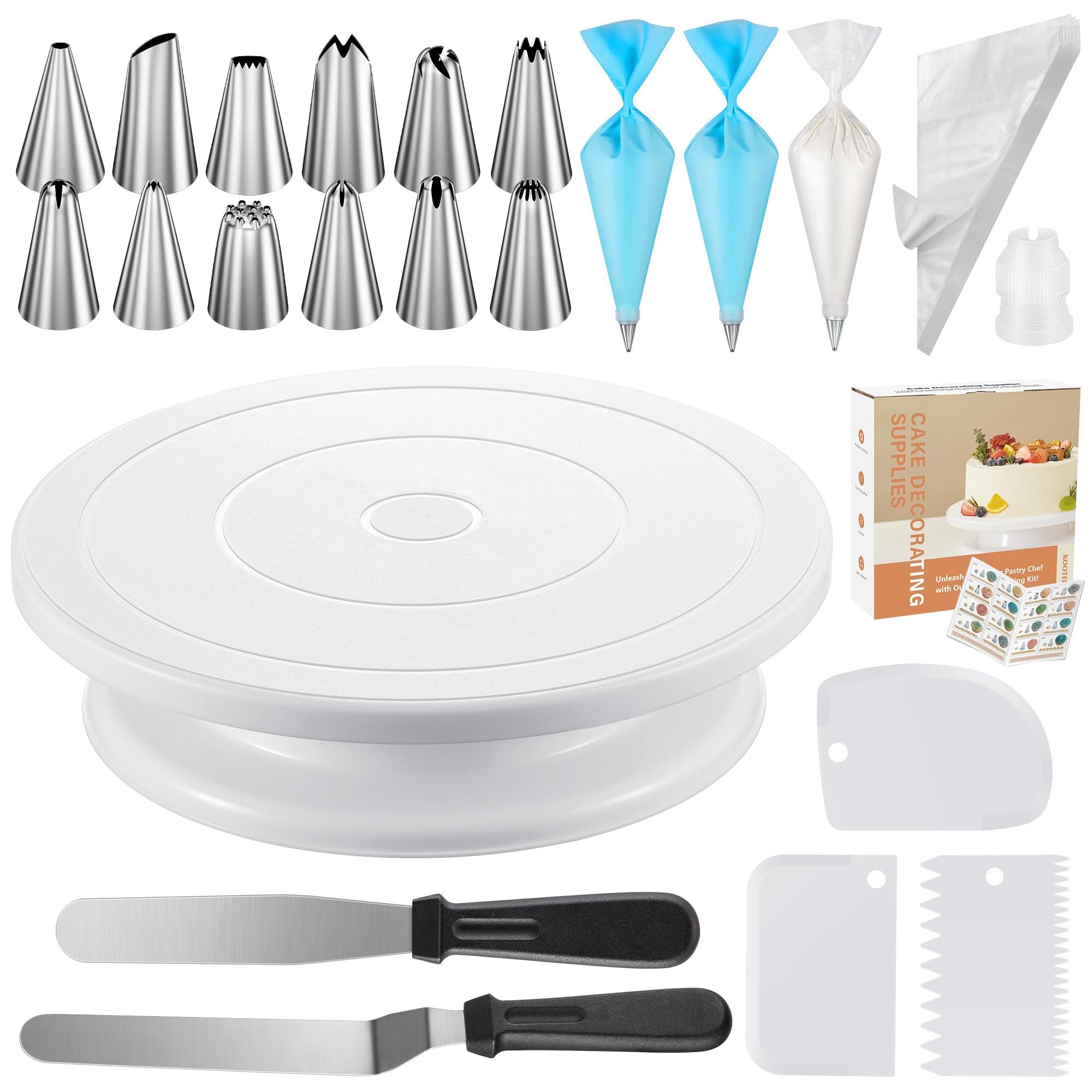 Kootek Cake Decorating Kits Supplies with Cake Turntable, 12 Cake Decorating Tips, 2 Icing Spatula, 3 Icing Smoother/Scrapers, 2 Silicone Reusable Piping Bag, 50 Disposable Pastry Bags and 1 Coupler