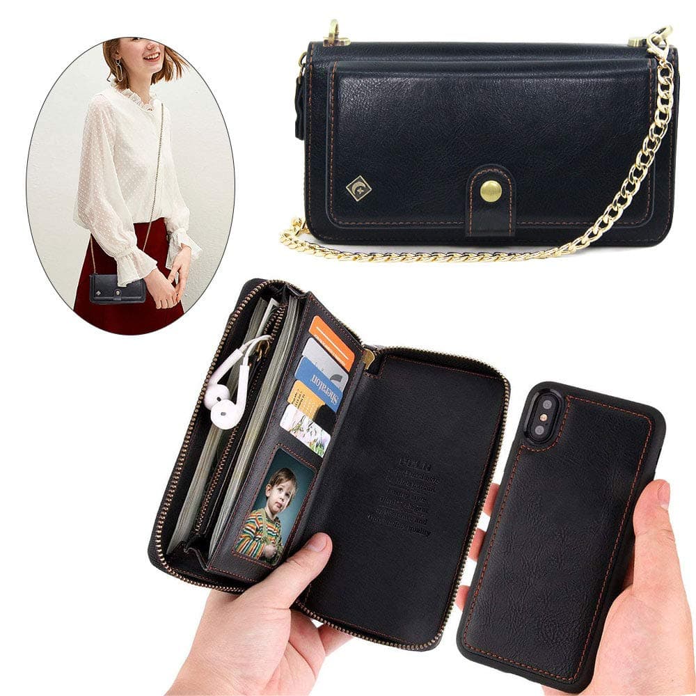 iPhone X Wallet Case,iPhone Xs Wallet Case - JAZ Crossbody Chain Satchel Zipper Purse Detachable Magnetic 14 Card Slots Momey Pocket Clutch Leather Wallet Case for Apple iPhone X/XS Black