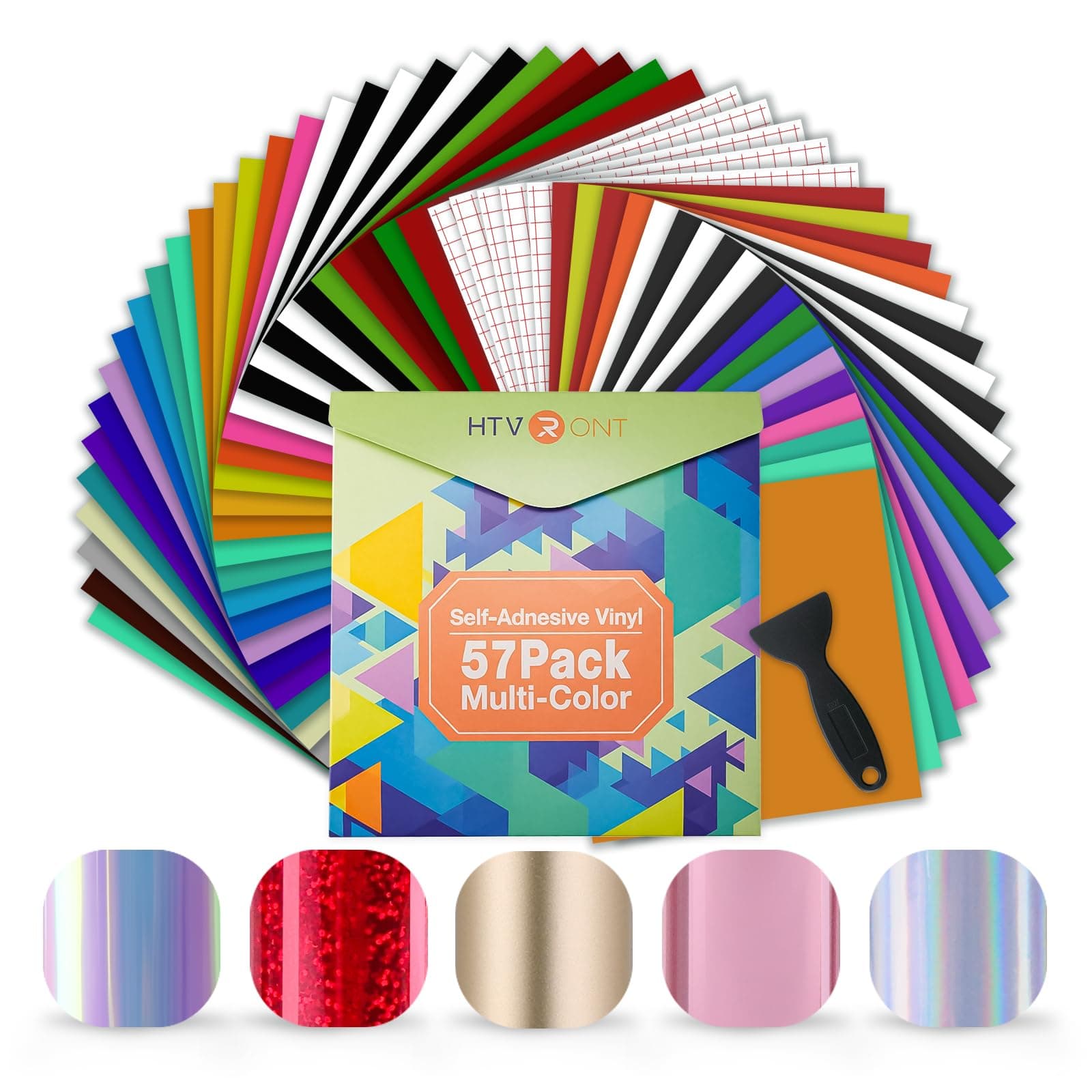 HTVRONT Permanent Vinyl - 57 Pack 12" x 12" Permanent Adhensive Vinyl Bundle Compatible with Cricut Cutting Machine, 52 Adhensive Sheets and 5 Transfer Tape Sets for Party Decoration, Stiker