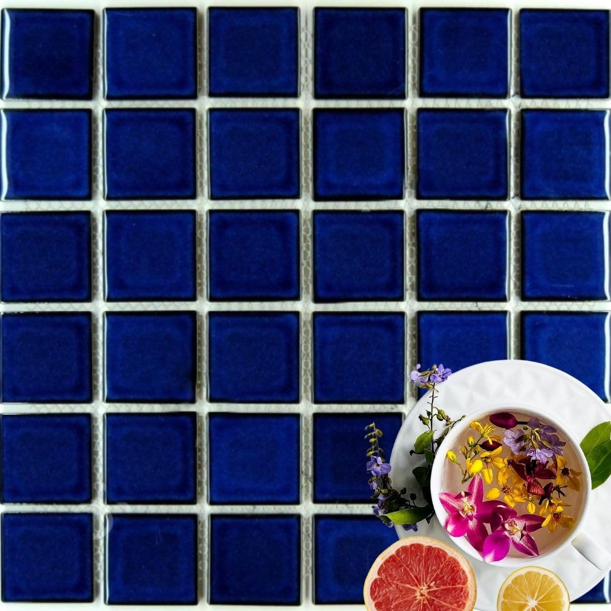 Tenedos Premium Quality 2x2 Cobalt Blue Square Pattern Porcelain Mosaic Tile (Not Peel and Stick) for Kitchen Backsplash Pool Bathroom Wall Accent Wall((1 Sheet))