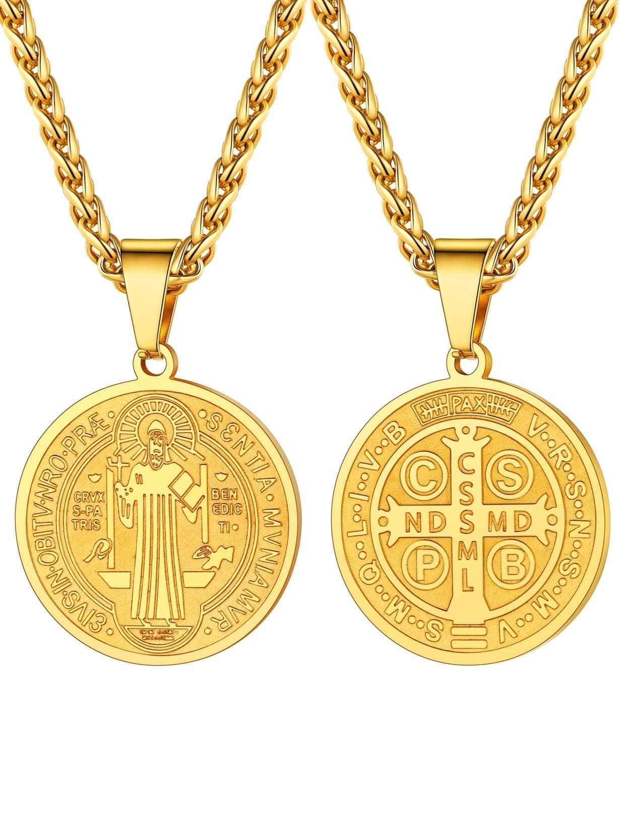 Saint Benedict Medal Necklace for Men Women, Stainless Steel Catholic Pendant, Silver Gold st Crucifix Religious Protection Cross Jewellery for Faith Believers Christians, 22+2 Inches Wheat Chain