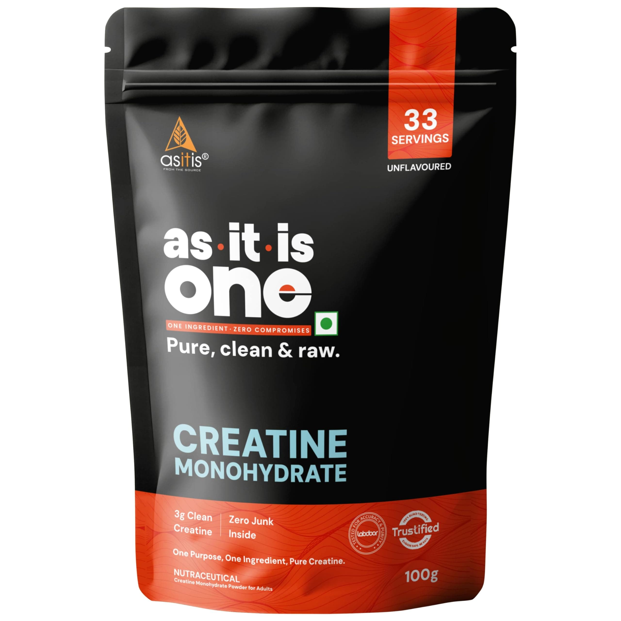 AS-IT-IS Nutrition Creatine Monohydrate 100gms/3.5 Oz | USA Labdoor Certified for Accuracy & Purity Gluten-free No Preservatives Pre-and Post-workout Supplement
