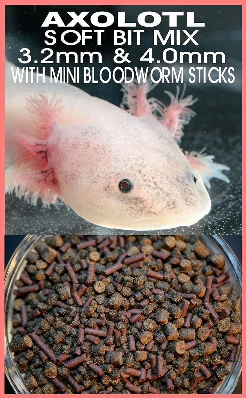 AQUATICBLENDEDFOODS Gourmet Axolotl Soft Food Pellet Mix 3.2mm & 4.0mm & MINI BLOODWORM Sticks (6oz) - A7