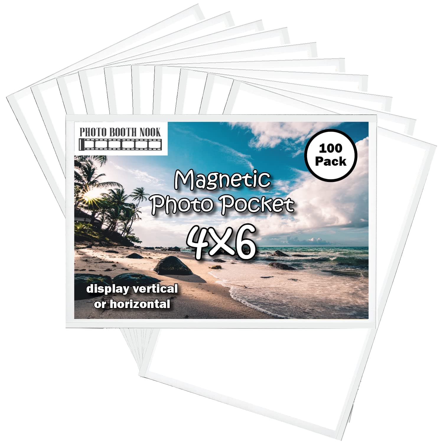 Photo Booth Nook - Premium Magnetic Pocket Picture Refrigerator Frame, White, Holds 4 x 6 Inches Photos, 100 Pack