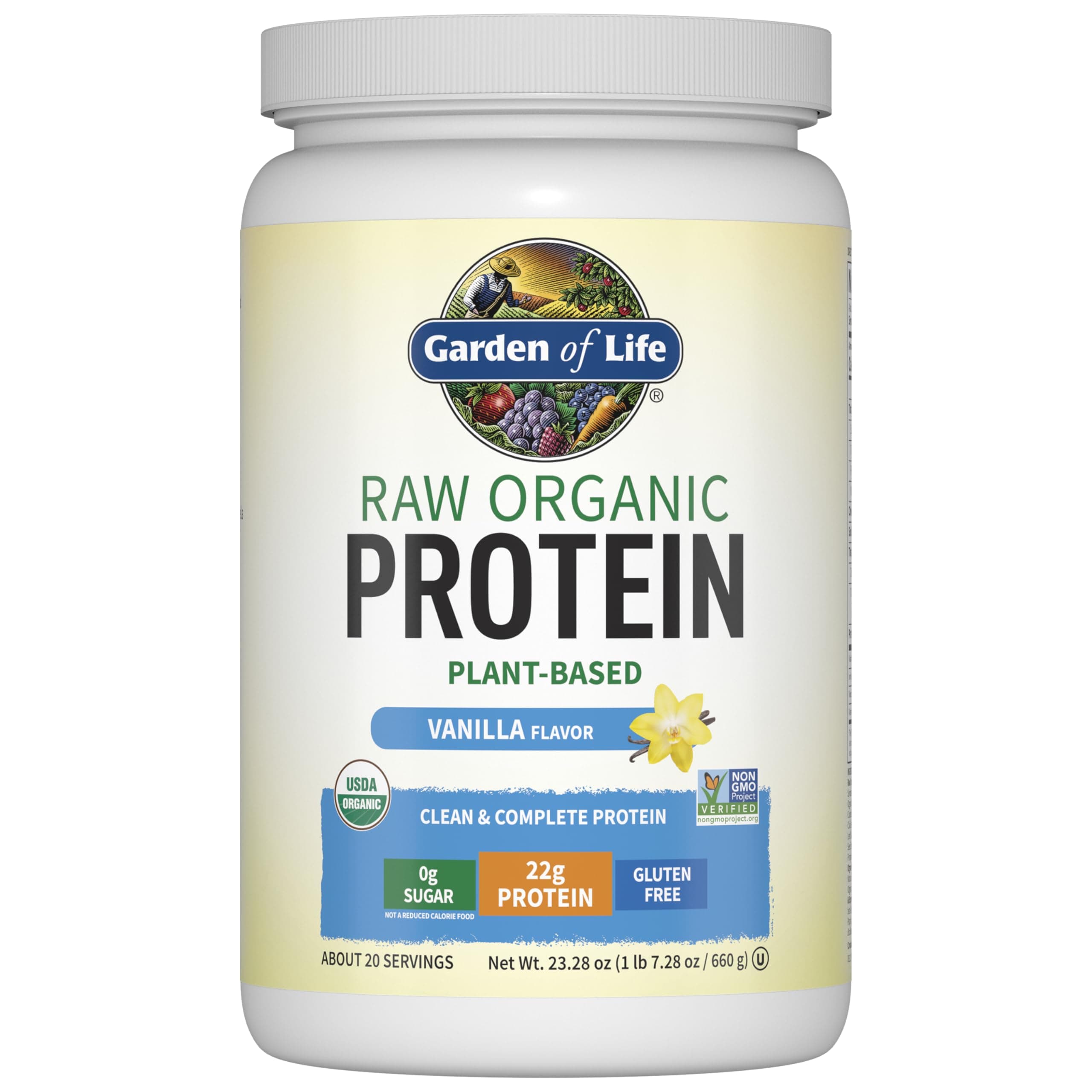 Raw Organic Protein Vanilla Powder, 20 Servings - Certified Vegan, Gluten Free, Organic, Non-Gmo, Plant Based Sugar Free Protein Shake With Probiotics & Enzymes, 4G Bcaas, 22G Protein