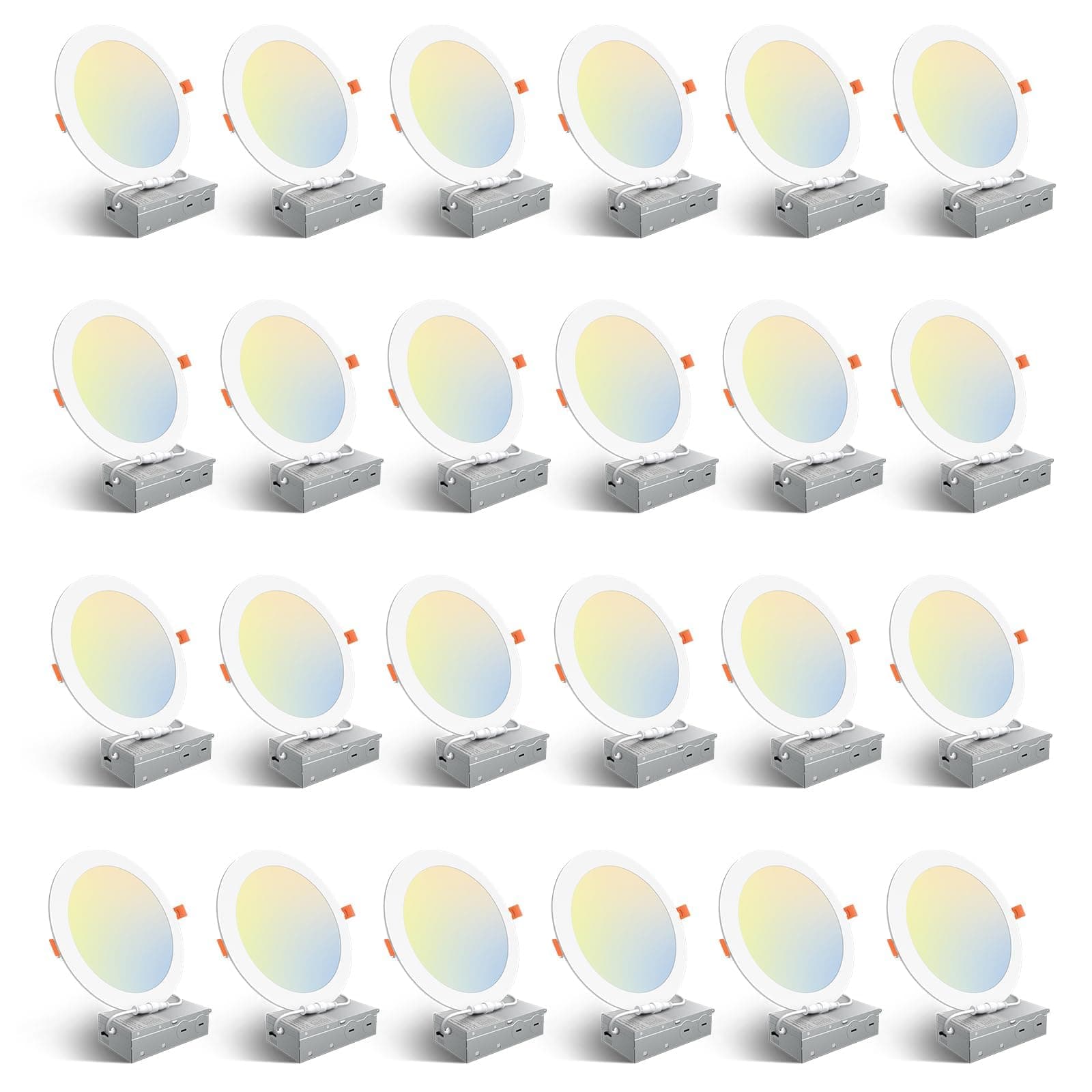 Amico 24 Pack 8 Inch 5CCT Ultra-Thin LED Recessed Ceiling Light with Junction Box, 2700K/3000K/3500K/4000K/5000K Selectable, 18W Eqv 125W, Dimmable Canless Wafer Downlight, 1500LM High Brightness -ETL