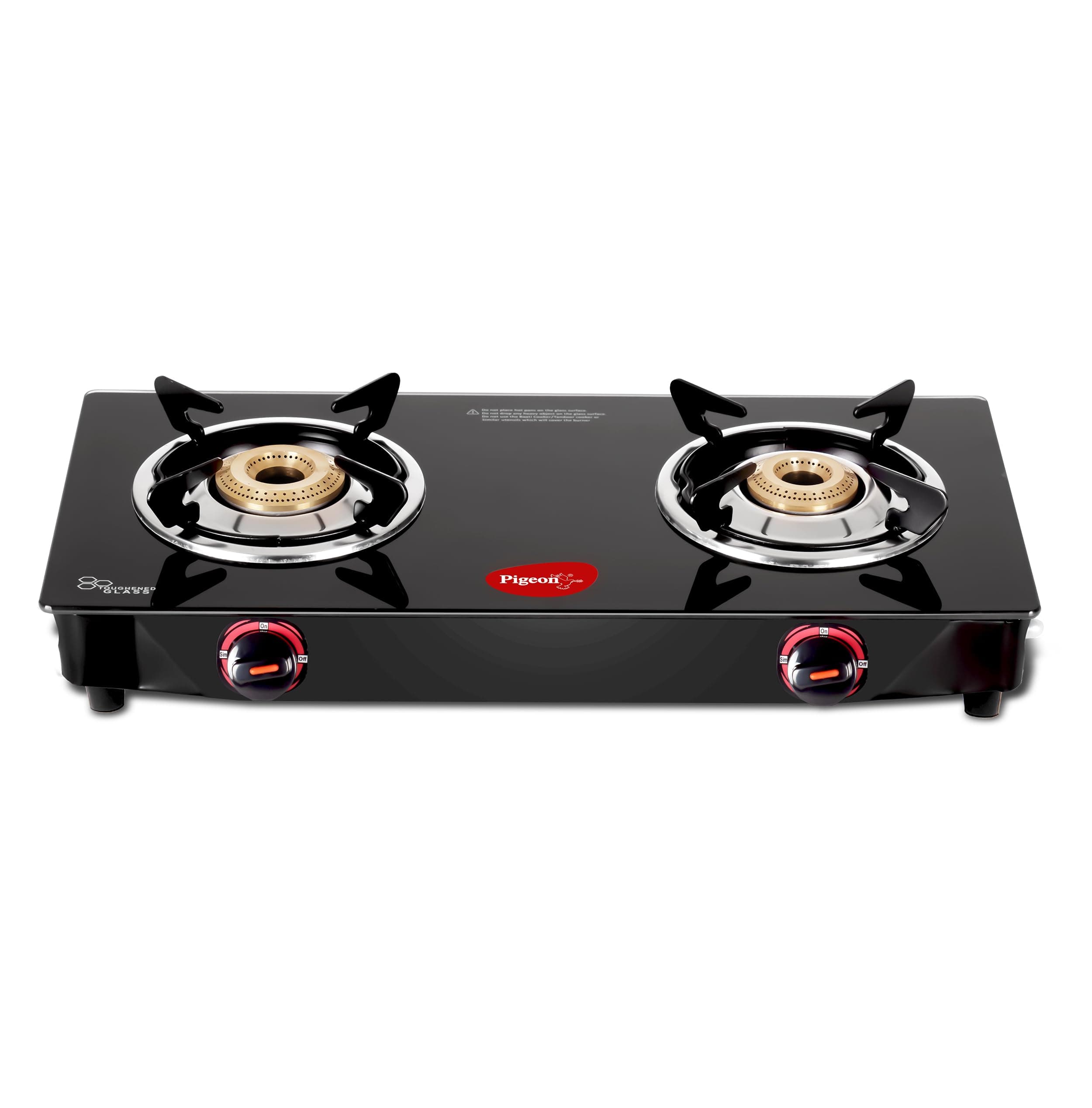 Pigeon Aster Gas Stove 2 Burner with High Powered Brass Burner, Gas Cooktop with Glass Top and Powder Coated Body, black, standard (14266)
