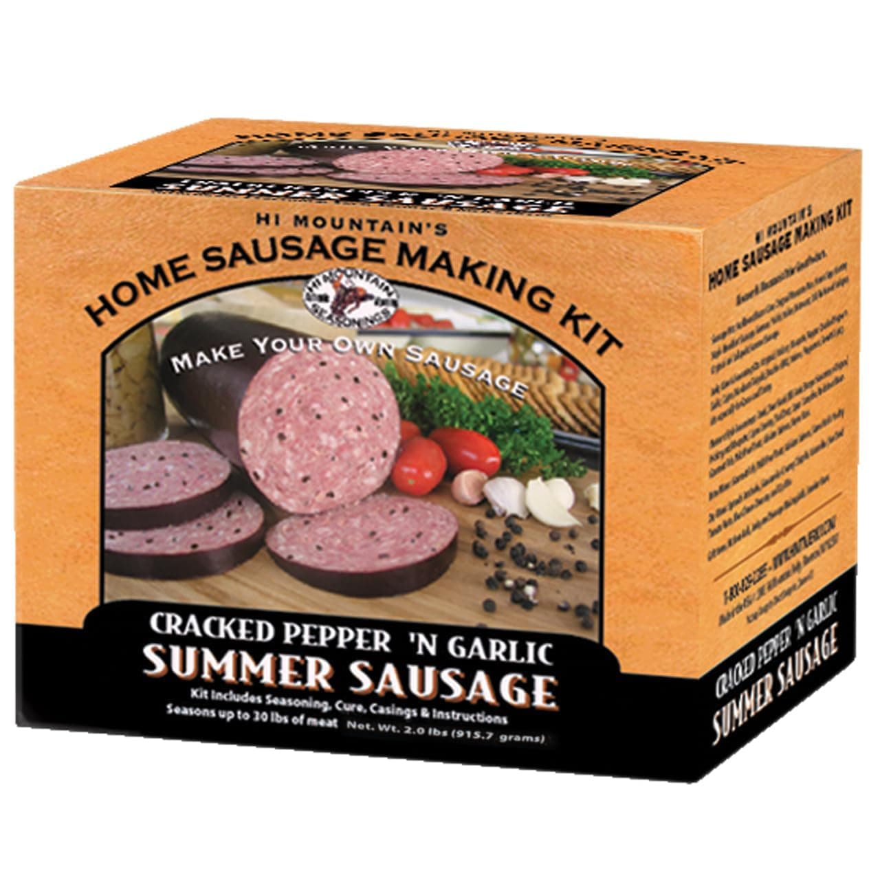 Hi Mountain Summer Sausage Seasoning Kit | CRACKED PEPPER 'N GARLIC | Includes 10 Casings, Seasoning, Cure, & Directions | Ideal for Beef, Pork, Venison, Deer & Wild Game | Makes up to 30 lbs