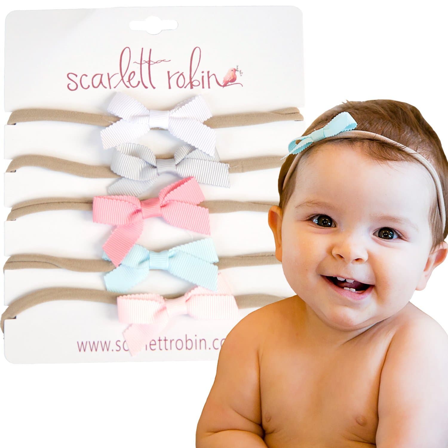 5 Baby Girl Hair Bows on Nylon Headbands | Improved Band Size | 2" Ribbon"Softs" Pack | by Scarlett Robin