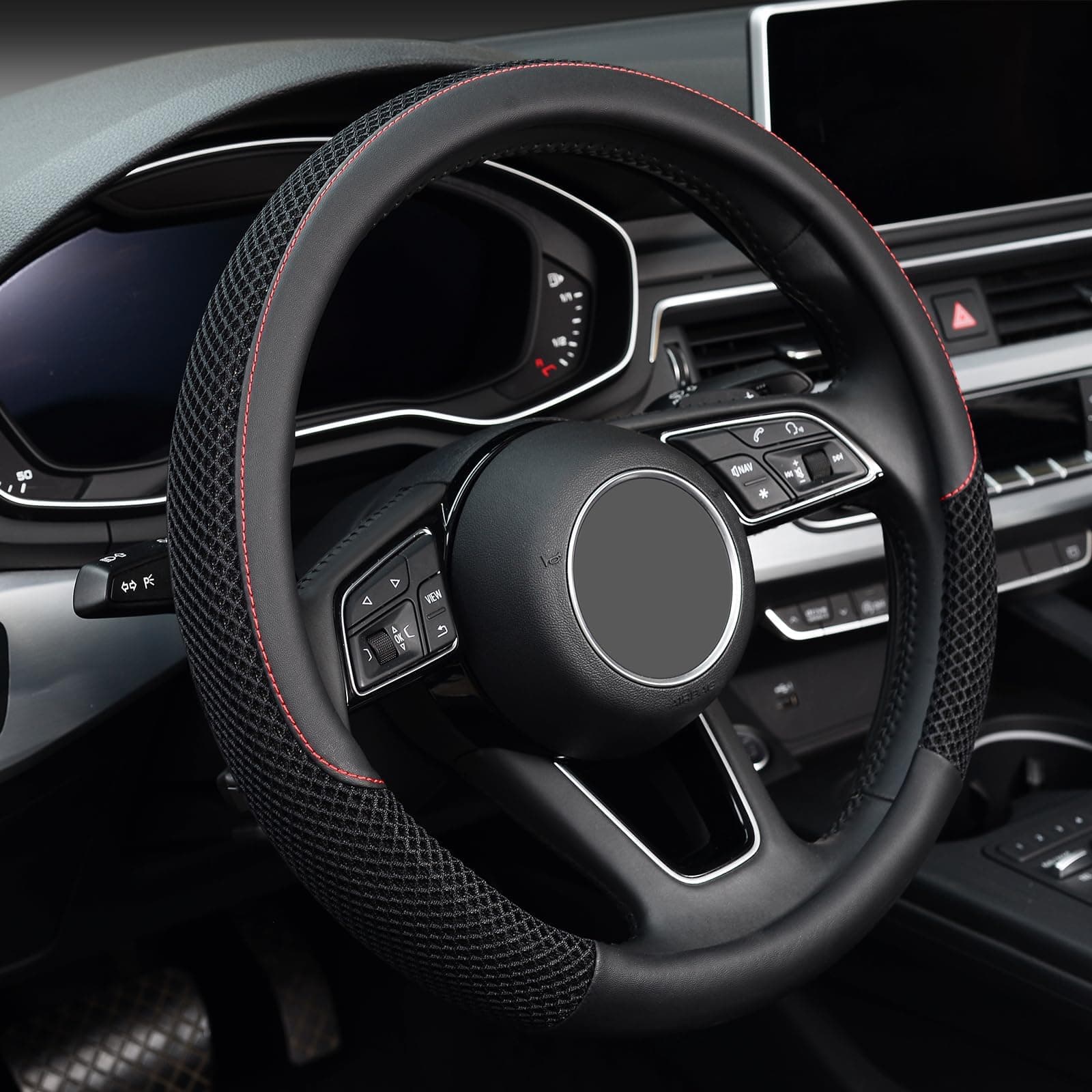 KAFEEK 15 inch Steering Wheel Cover, Cooling Ice Silk Mesh with Microfiber Leather, Ultra Breathable, Anti Slip Car Grip, Heat Resistant Summer Cool, Universal Fit, Black