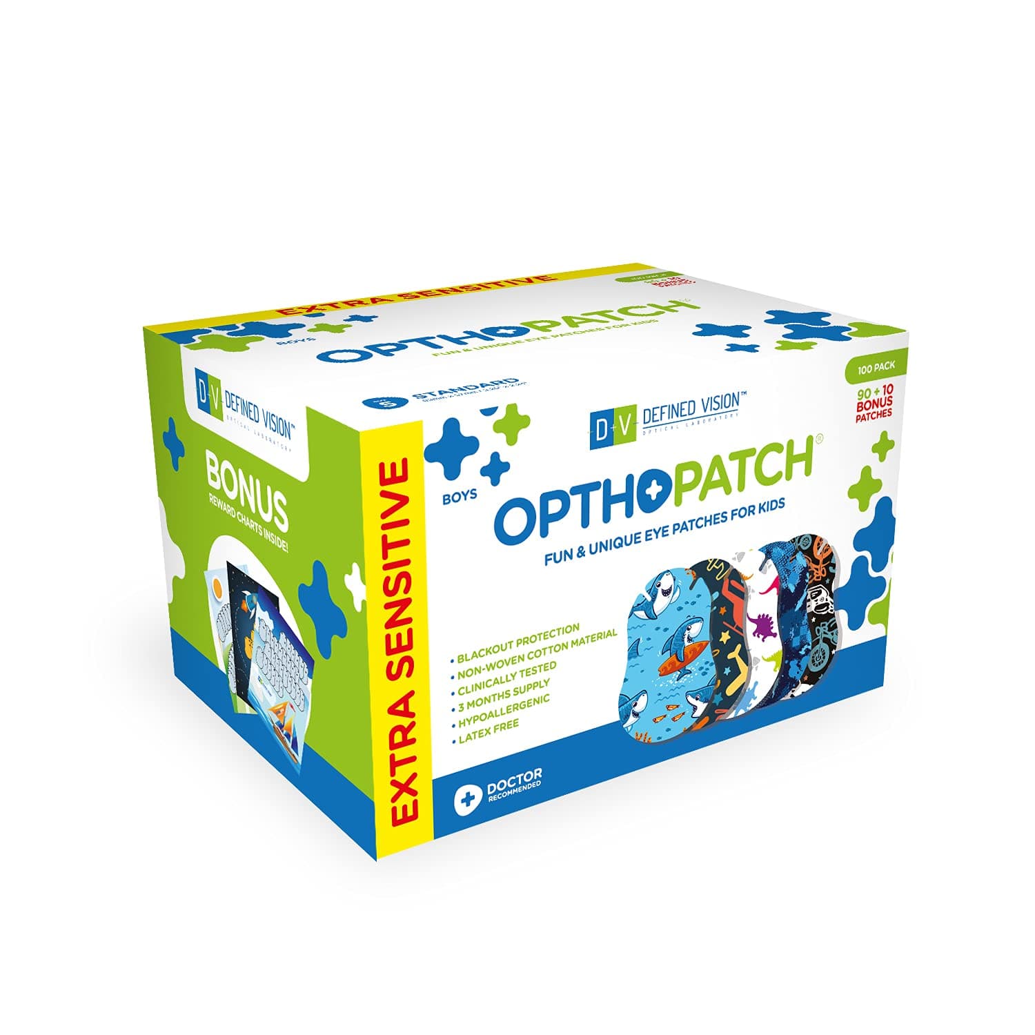 THOPATCH Kids Eye Patches - Fun Boys Design - 90+10 Bonus Latex Hypoallergenic Cotton Extra Sensitive Adhesive Bandages for Amblyopia & Cross Eye-3 Reward Chart Posters by Defined Vision