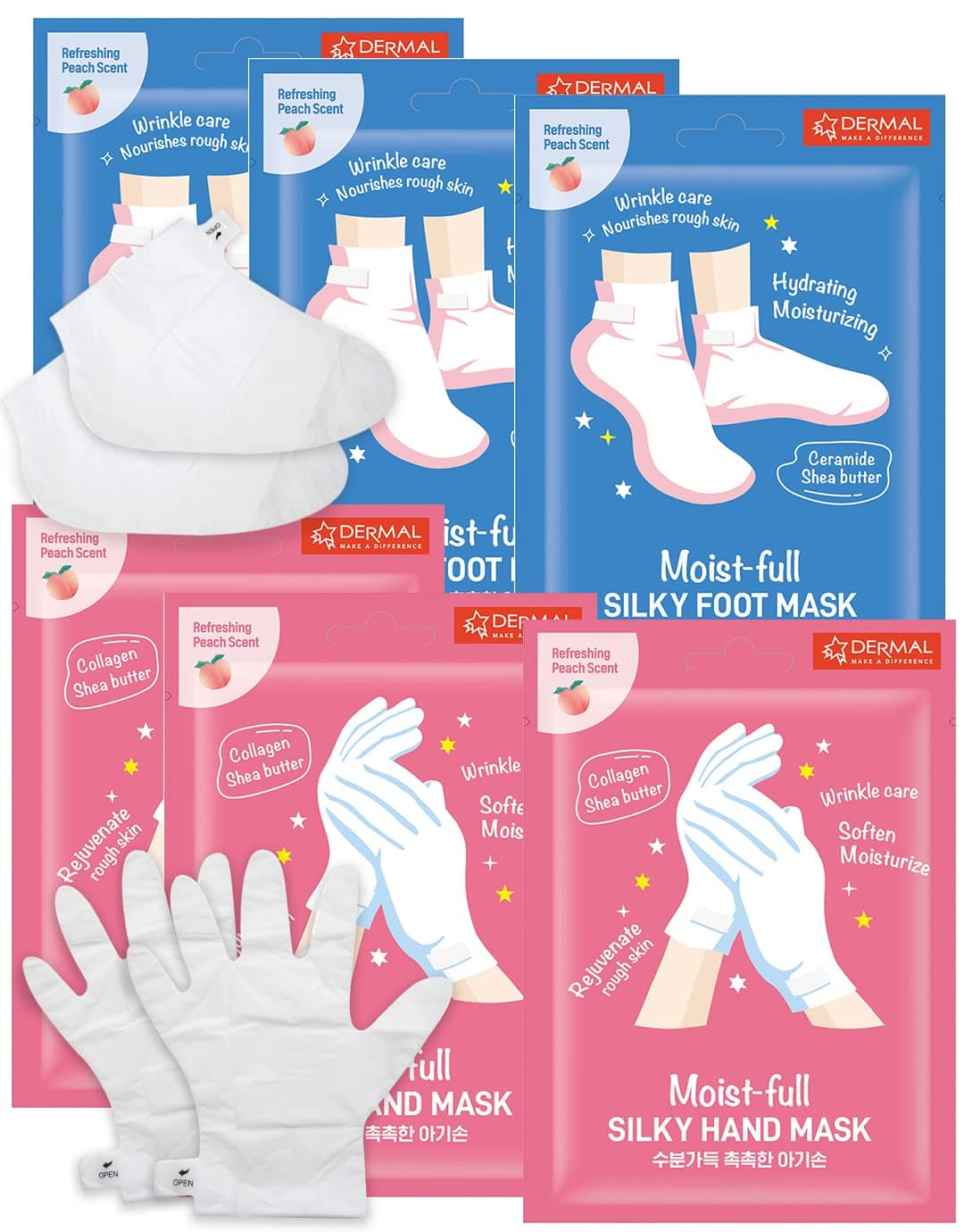 DERMAL Moistfull Silky Foot Socks & Hand Gloves Mask Combo 6 Pack - for Dry Feet and Hands - Home Spa Treatment - Dermatologist Tested, Cruelty Free, Korean Beauty