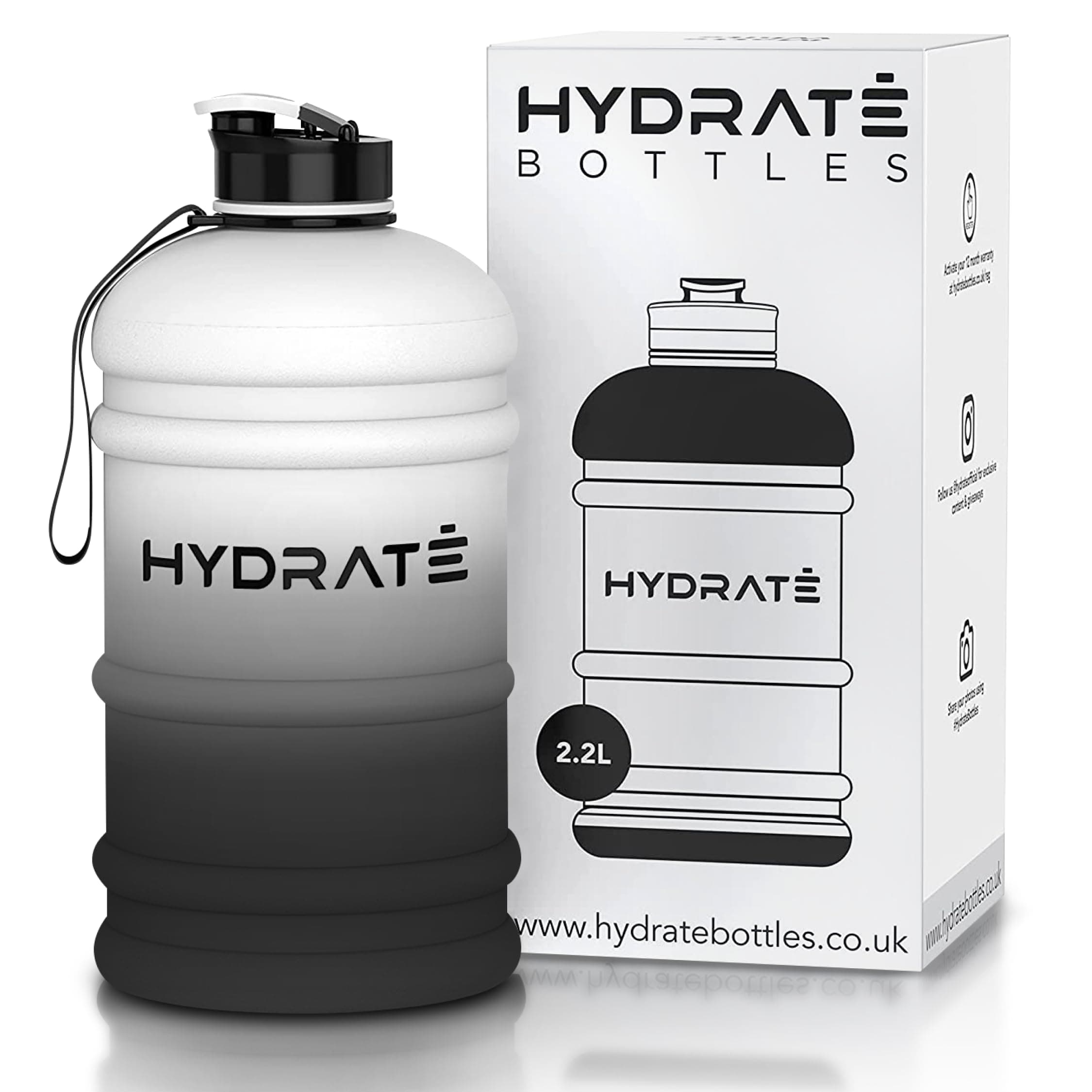 HYDRATE XL Jug 74 Oz Water Bottle - BPA Free, Leak Proof, Flip Cap, Ideal for Gym - Clear Water Container with Extra Strong Material - Perfect for Sports, Rugby, and on the Go (Mono, 2.2L)