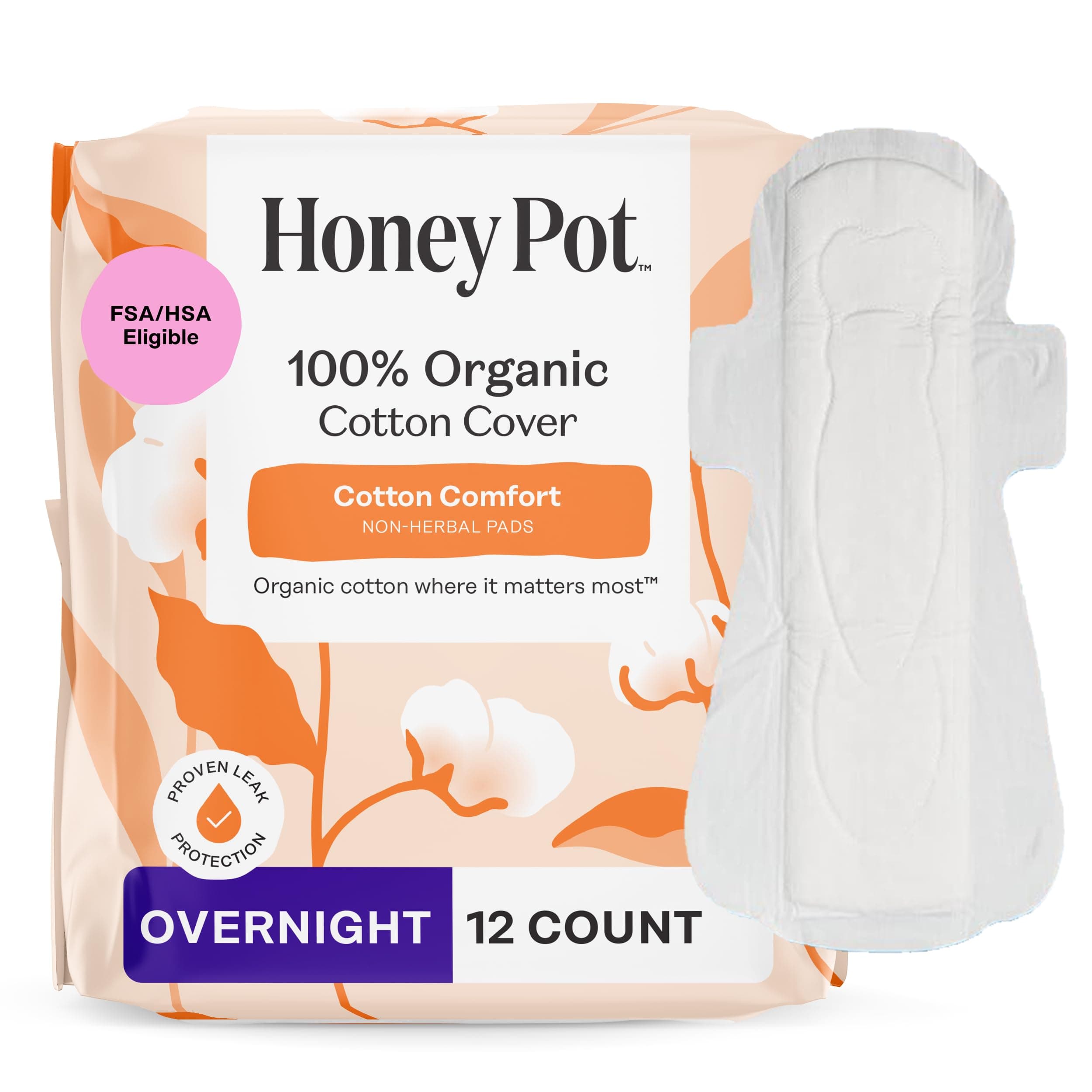 The Honey Pot Company - Sanitary Pads for Women - Non-Herbal Overnight w/Wings - Organic Cotton Cover, & Ultra-Absorbent Pulp Core - Feminine Care - 12 ct