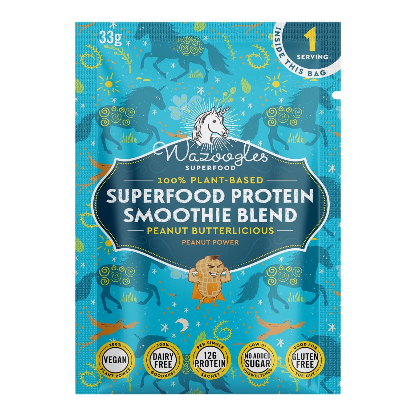 Wazoogles Superfood Protein Smoothie Blend – Peanut Butterlicious, 33g | Clean Ingredients | Gluten Free | No Added Sugar | 12g Protein Per Serving | Sustainably Sourced | Plant Based Protein