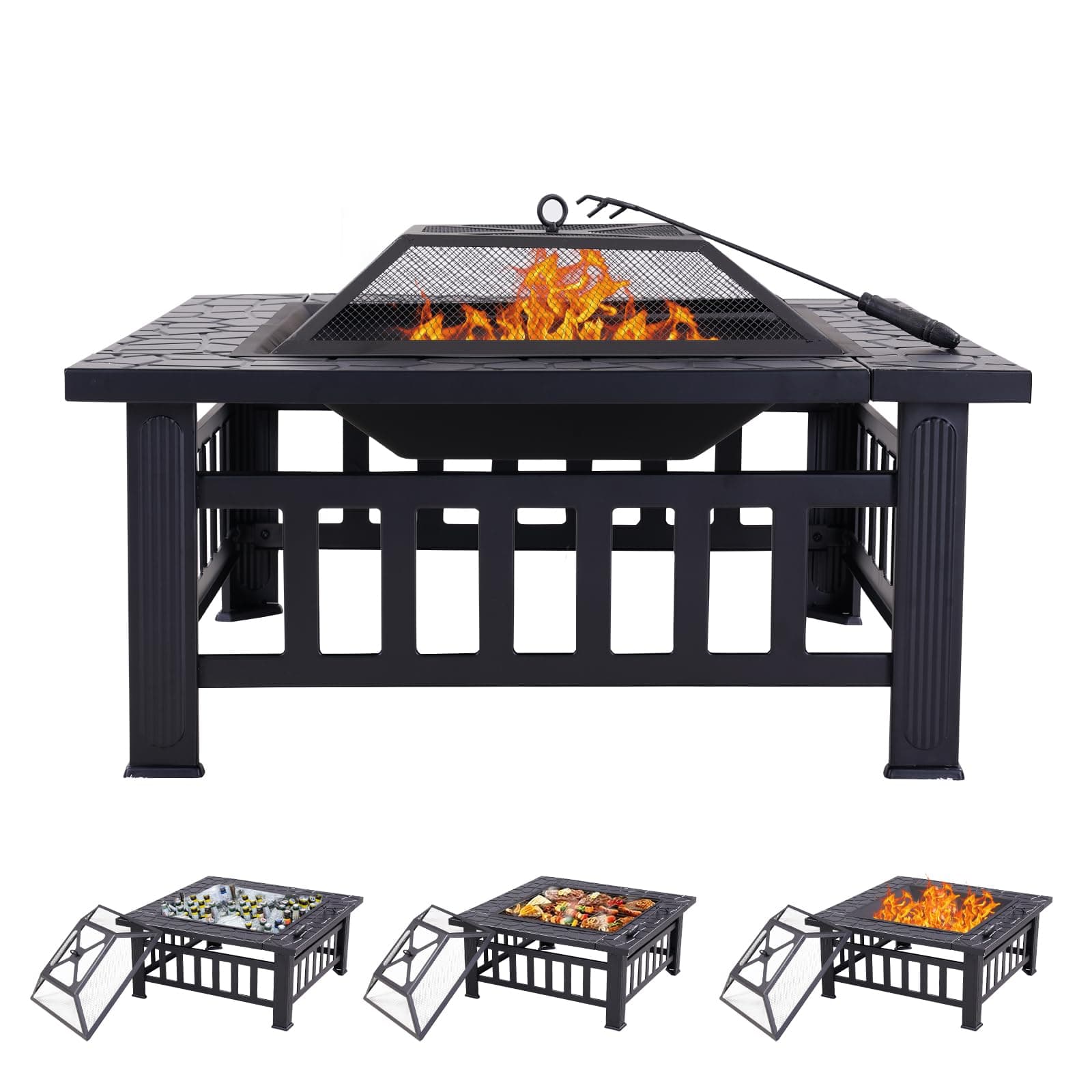 SWISH WEAVERS 32" Square Outdoor Fire Pit Table Multiuse Patio BBQ Firepit with Steel Fire Poker and Cover for Camping, Outdoor Heating, Outside Wood Burning and Picnic, Black
