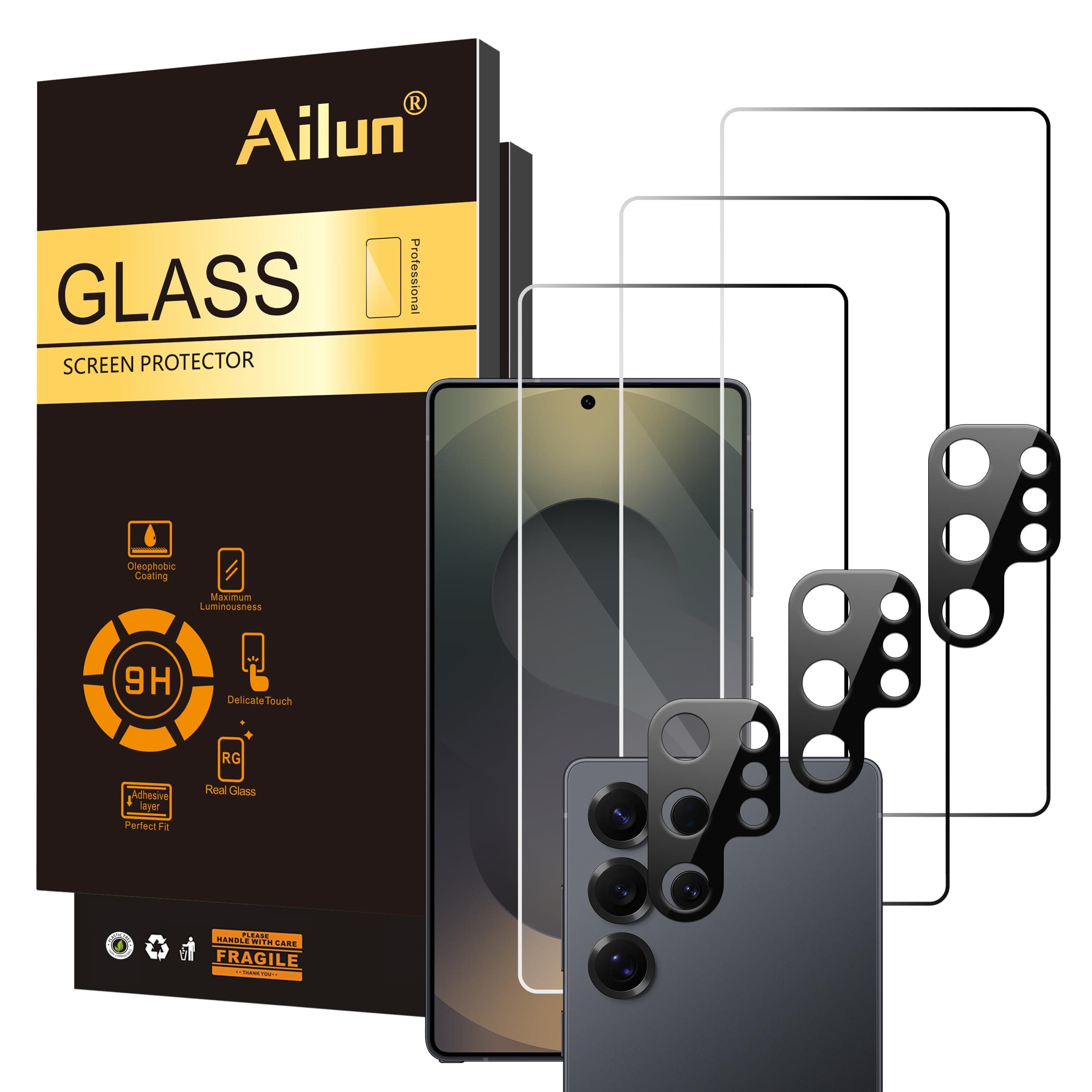 Ailun Glass Screen Protector for Galaxy S25 Ultra [6.8 Inch] 3Pack + 3Pack Camera Lens Tempered Glass Fingerprint Unlock 0.25mm Ultra Clear Anti-Scratch Case Friendly [Not For S25/S25 Plus]