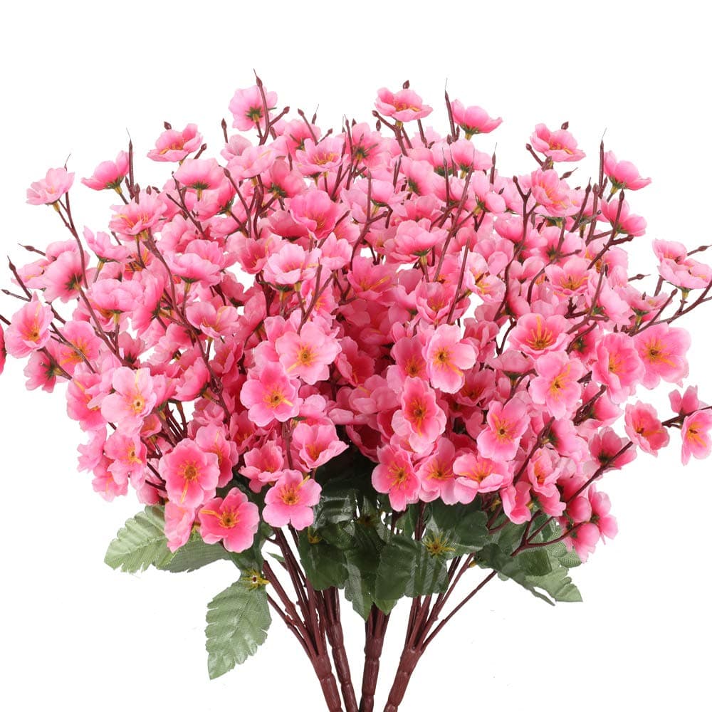 4PCS Artificial Flowers Silk Peach Blossom Arrangements Fake Plants Flower Bouquet for Home Garden DIY Wedding Decoration（Pink）