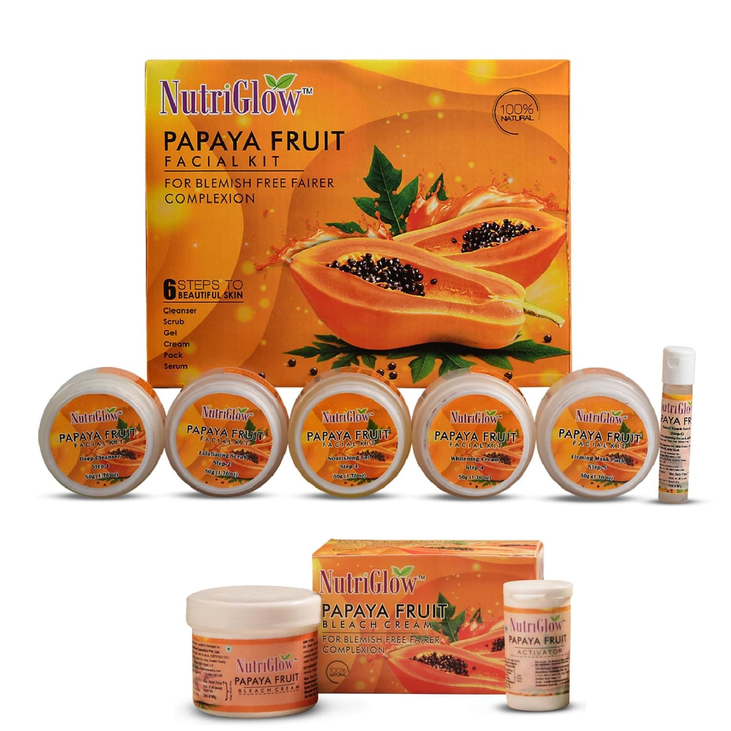 Nutriglow Papaya Fruit Facial Kit(250gm + 10Ml) & Papaya Fruit Beach Cream(43Gm) for Youthful Glow, Deep Exfoliation, Lightening Facial Hair, Dark Spot Corrector, All Skin Types, Pack of 2