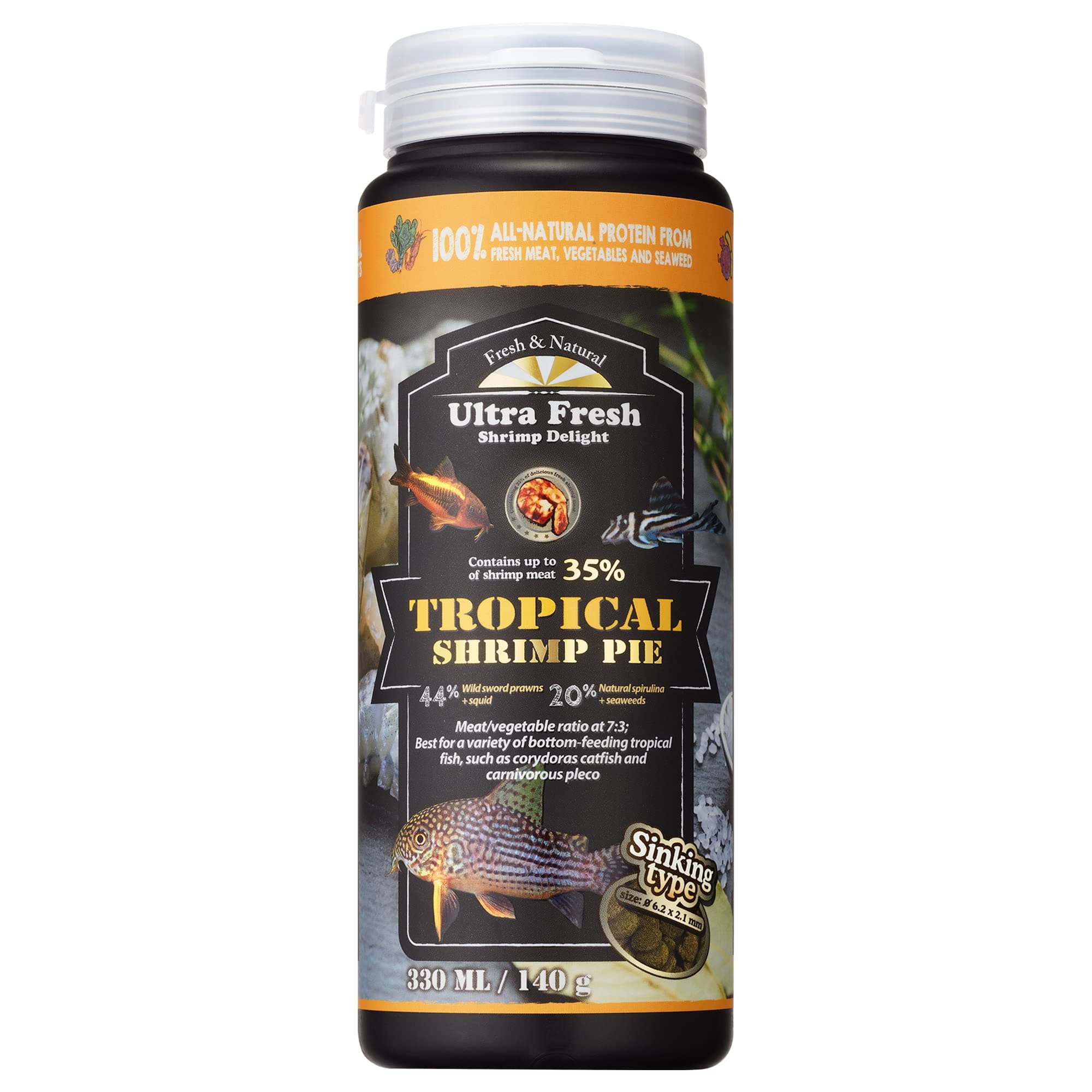 Bottom Feeder Fish Food, Sword Prawns, Natural Protein, Balanced Diet, for Catfish, Corydoras, Loaches, Tropical Shrimp Pie 4.94 Ounces