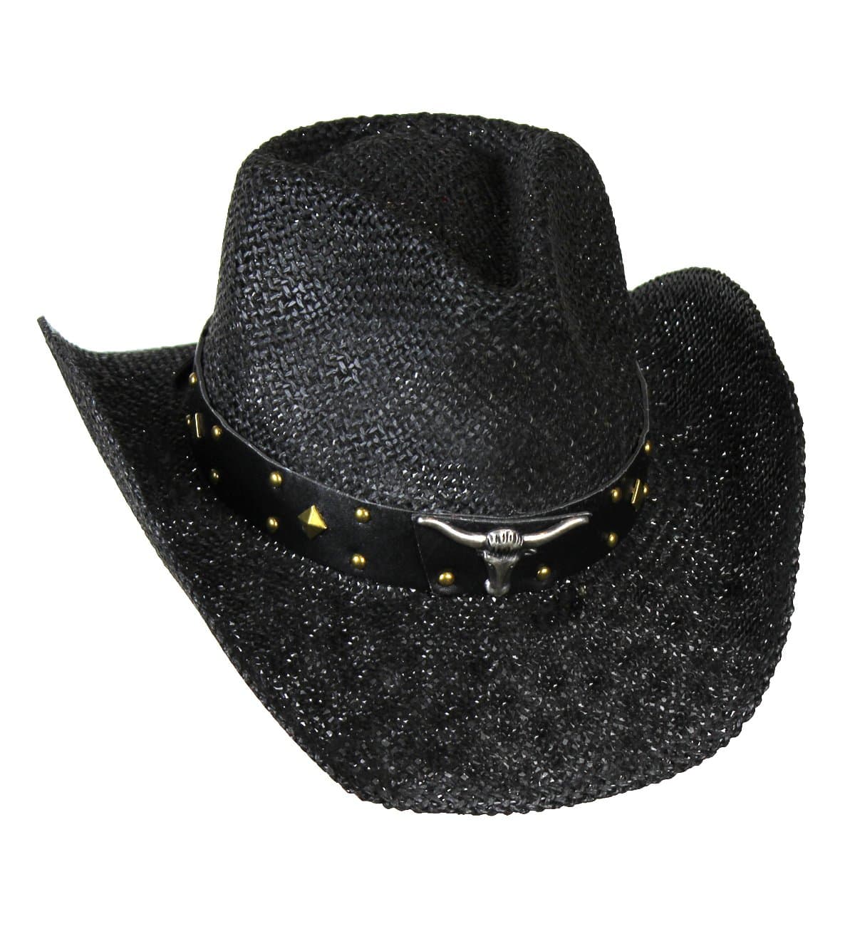 Vamuss Shapeable Black Straw Cowboy Hat w/Longhorn Texas Band, Western Rancher Hat