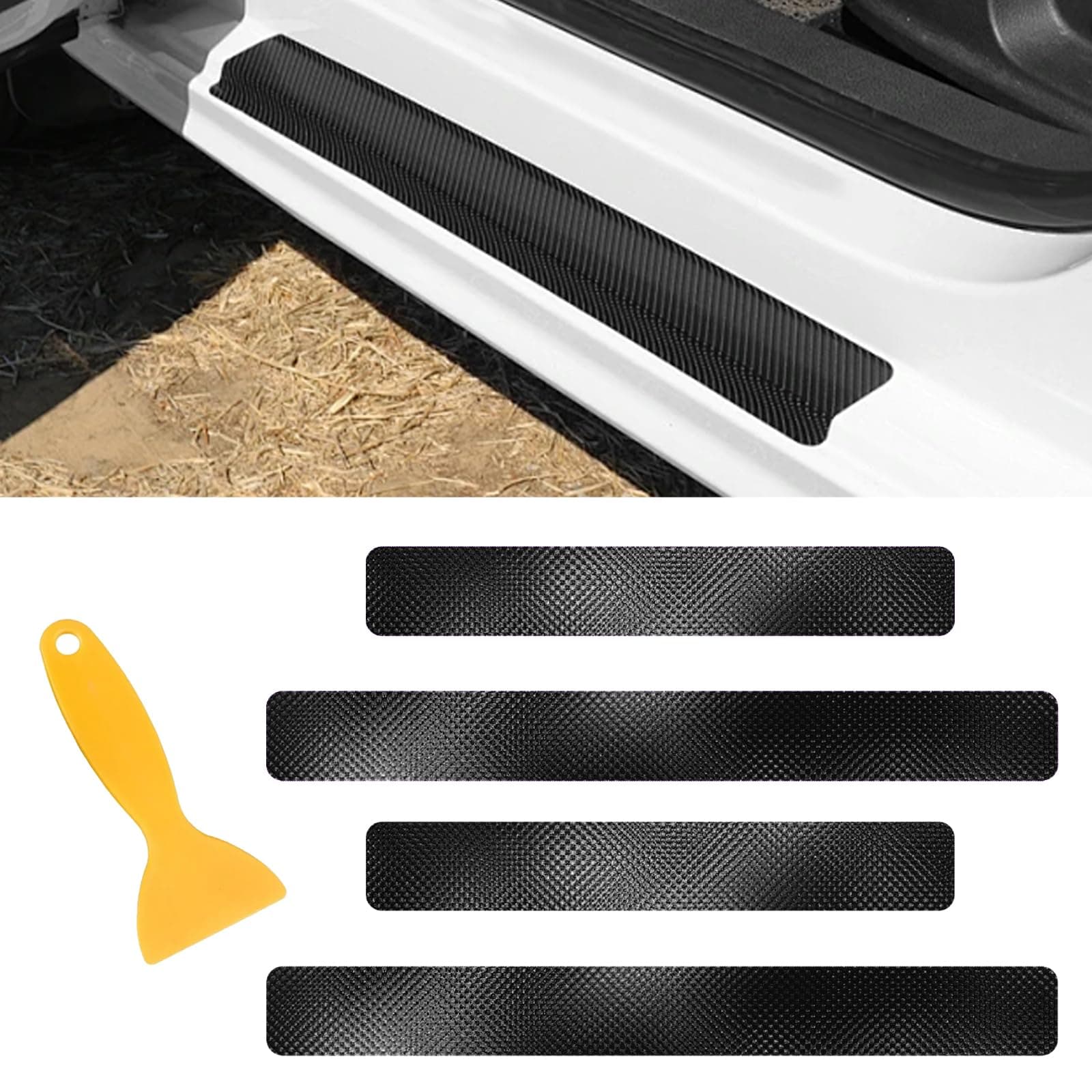 Black Door Sill Guard Protector, 4PCS 3D Carbon Fiber Anti-Scratch Door Entry Edge Bumper Sill Scuff Plate Trim, Front/Rear Door Threshold Protector Cover Sticker Strips