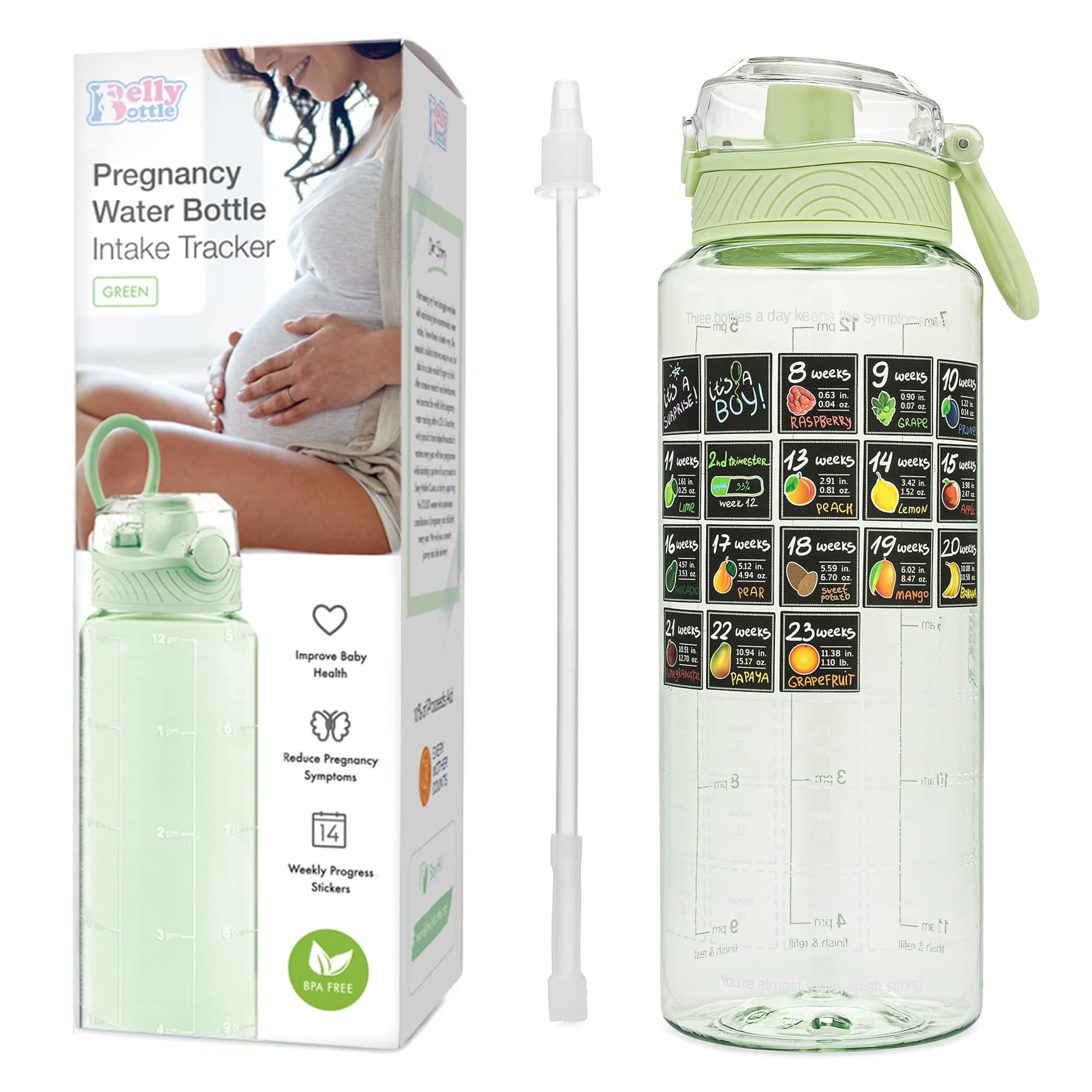 BellyBottle Pregnancy Water Bottle Tracker (BPA-Free) Pregnancy Must Haves First Trimester - Pregnancy Gifts for Women - Pregnancy Essentials for Nausea Relief (includes Weekly Stickers + Straw) Green