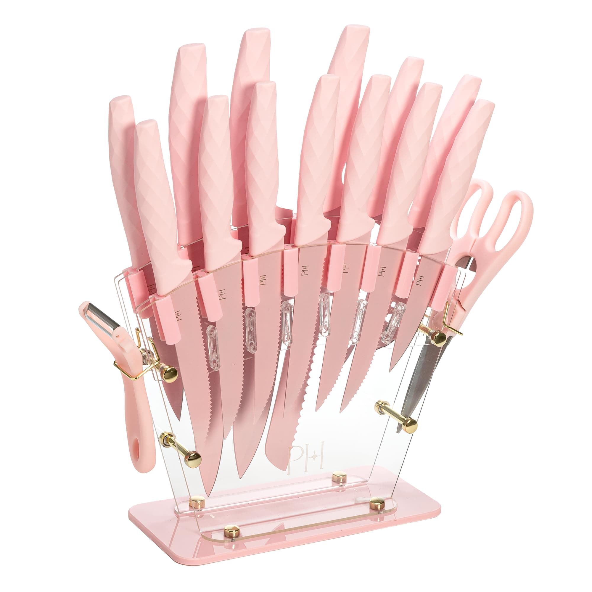 Knife Block Set with Fan Style Clear Acrylic Knife Block, Premium Stainless Steel Blades with Nonstick Coating, Comfort Grip Handles, 16-Piece Set, Pink and Gold