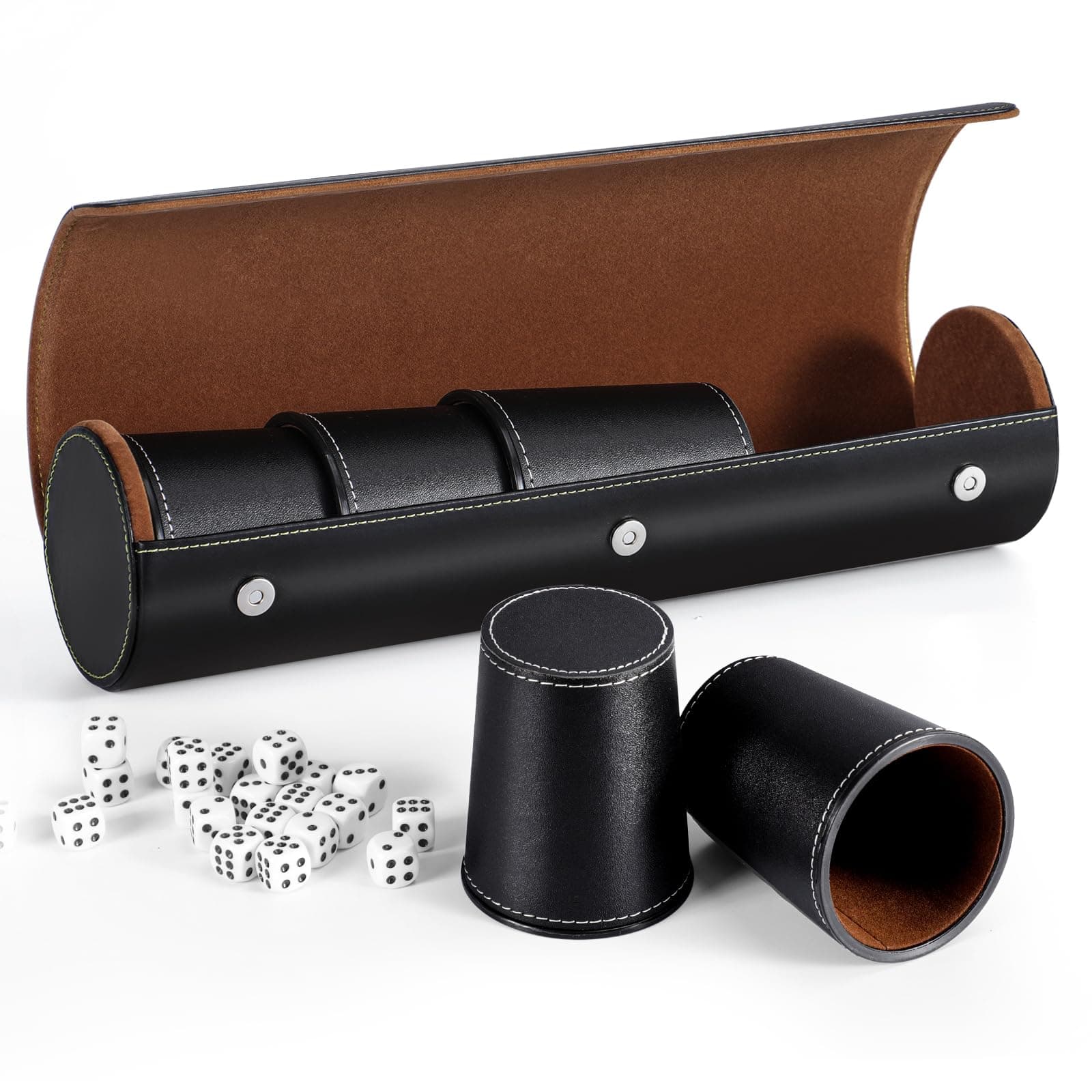 Leather Dice Cup Set, 5 Black Leather Dice Cups + 25 Dice + Exclusive Storage and Transport Case Made of Faux Leather