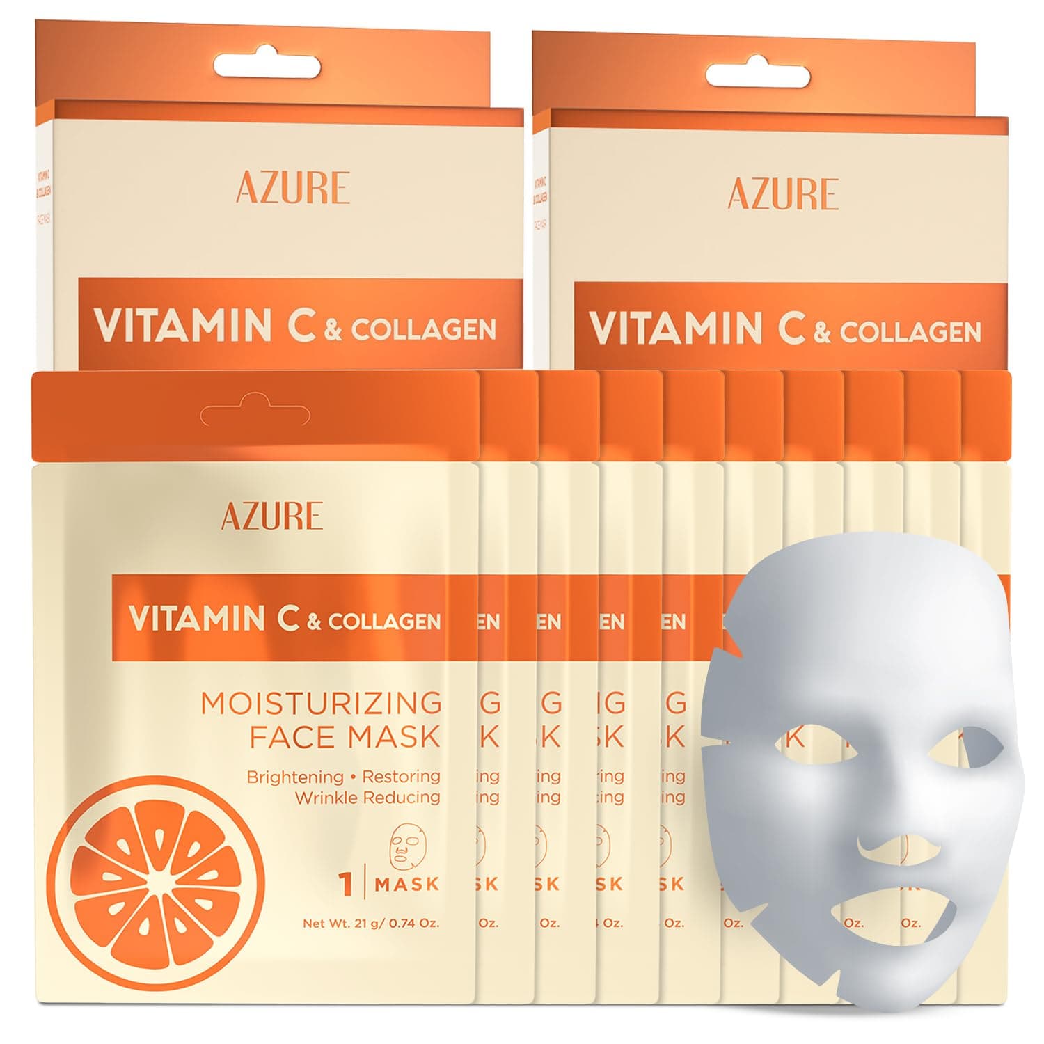 Vitamin C & Collagen Moisturizing Facial Sheet Mask- Anti Aging, Deeply Moisturizing & Firming - Improves Elasticity - Skin Care Made in Korea - Pack of 5