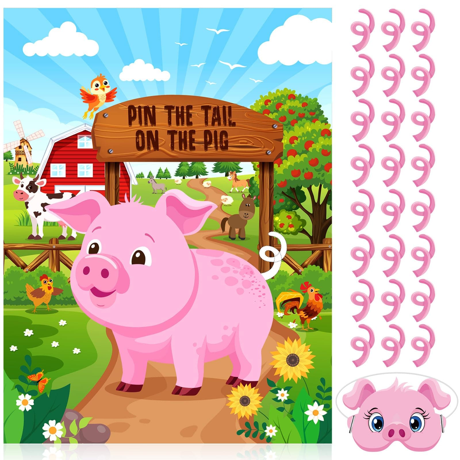 Faccito Farm Animal Games Pin The Tail on The Animals Barnyard Birthday Party Decorations Farm Poster Games with 24 Stickers 2 Eye Masks for Family Activities Birthday Party Decor Supplies(Pig)