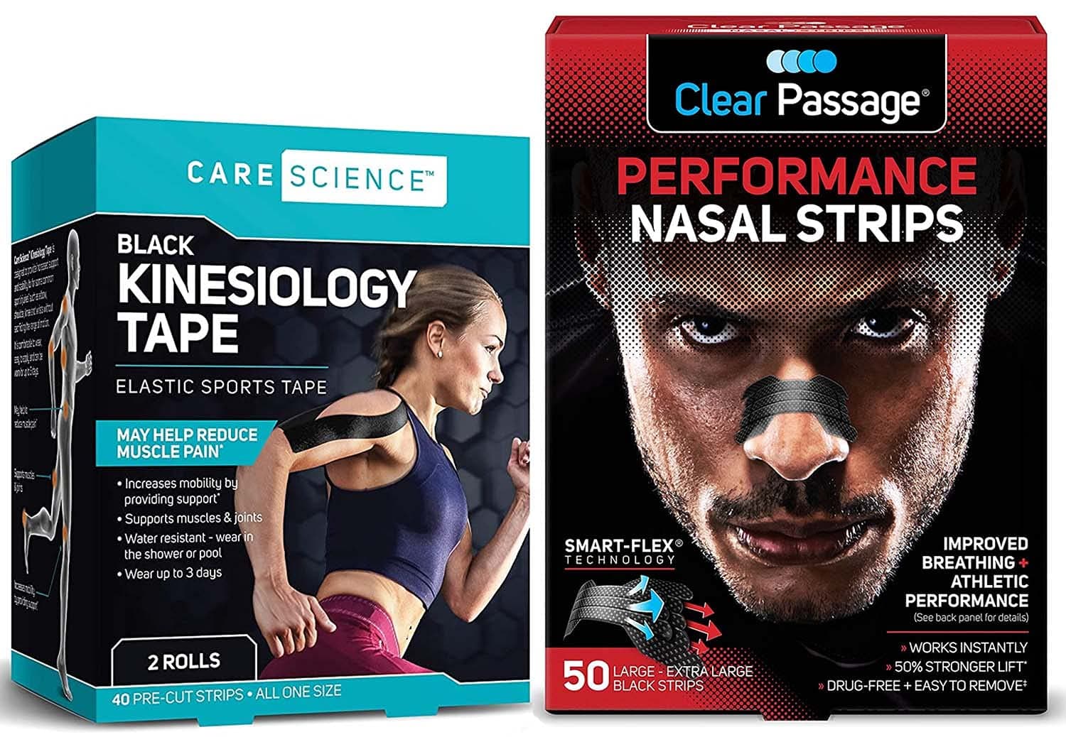 Care Science Waterproof Kinesiology Tape, 40 ct, Precut Strips (2 Rolls), Black + Clear Passage Performance Nasal Strips for Athletes, Black, 50 Count Bundle