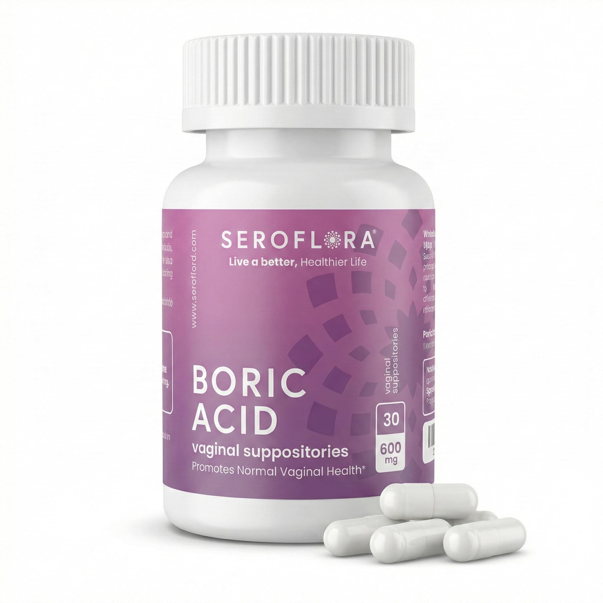 Seroflora Boric Acid Vaginal Suppositories (600mg, Bottle of 28)