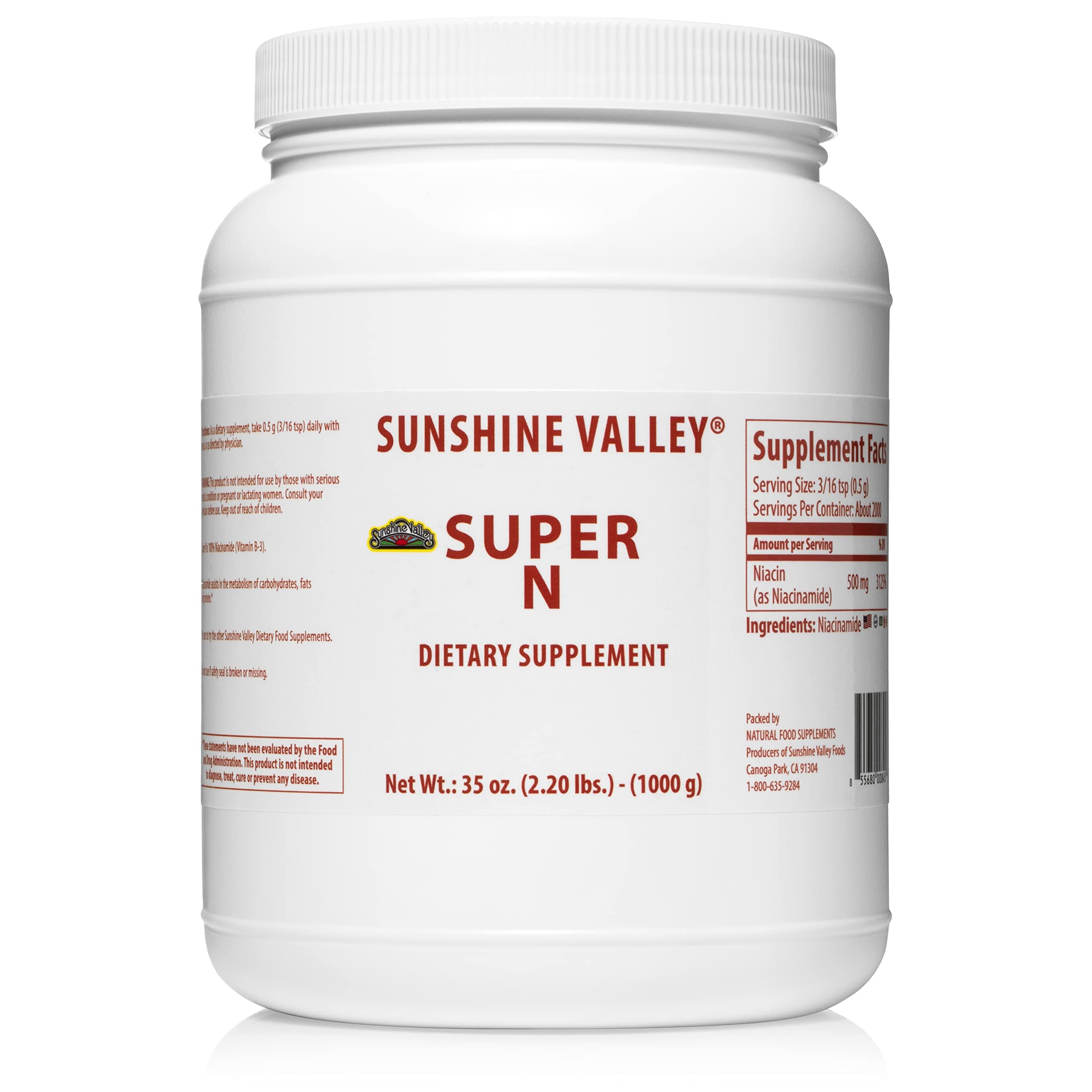Sunshine Valley® Super N Niacinamide Powder (35 oz) - Niacin Vitamin B3 Dietary Supplement for Energy, Digestion, Anti-Aging & Healthy Skin - Natural, Flush-Free