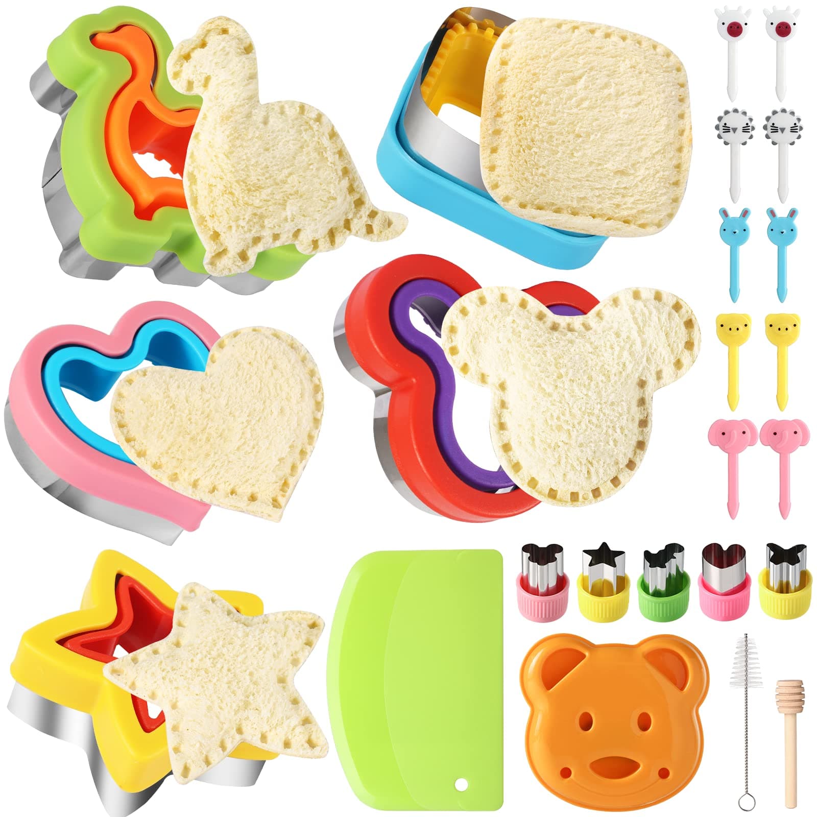 24Pcs Sandwich Cutter and Sealer Set Bread Sandwich Cutter Pancake Maker Heart Square Dinosaur Start Shaper,etc DIY Cookie Cutters Gift for Kids Boys Girls